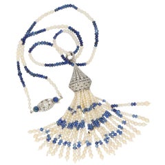 Art Deco Pearl, Sapphire and Diamond Tassel Necklace Set in Platinum