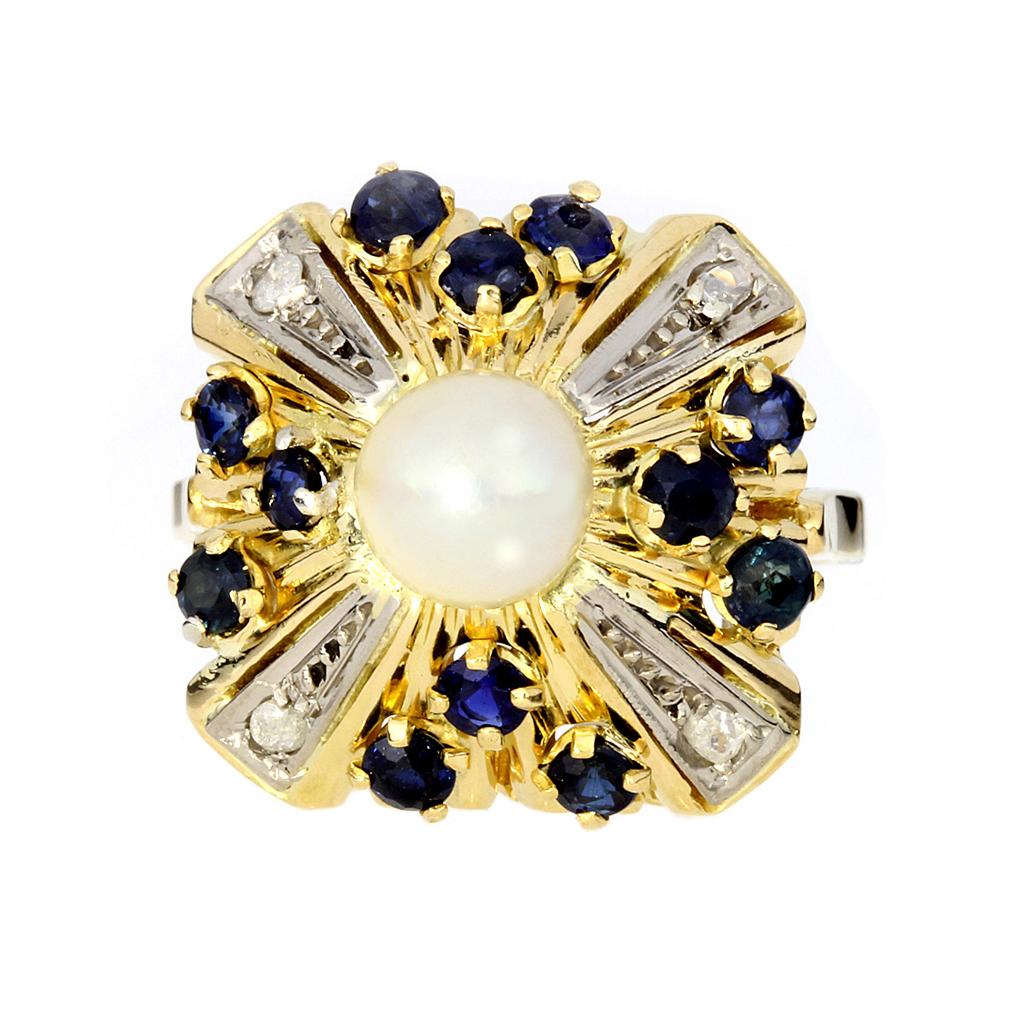 Round Cut Art Deco Pearl, Sapphire & Diamond 14K Ring For Sale
