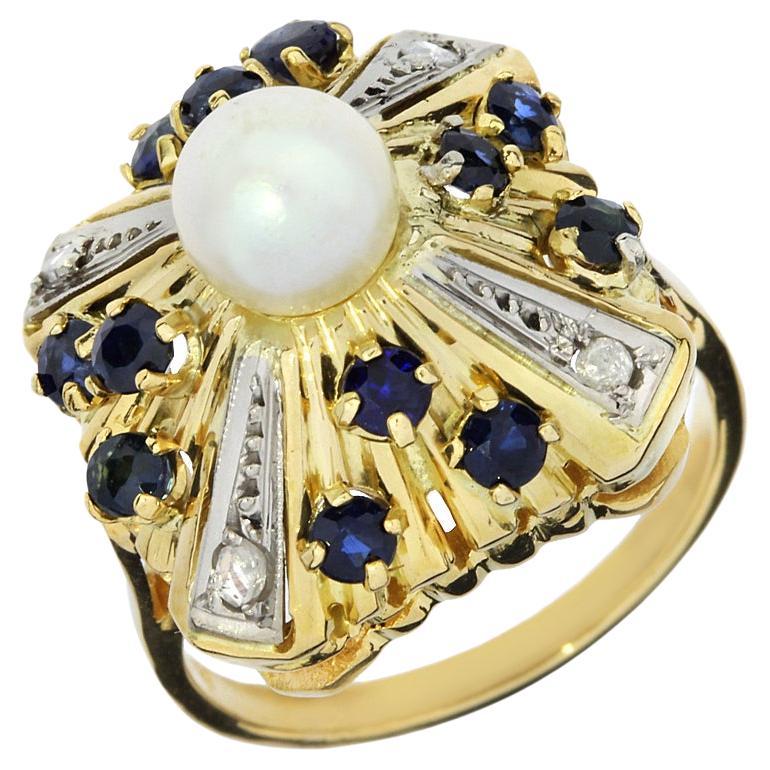 Art Deco Pearl, Sapphire & Diamond 14K Ring For Sale