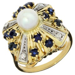 Art Deco Pearl, Sapphire & Diamond 14K Ring