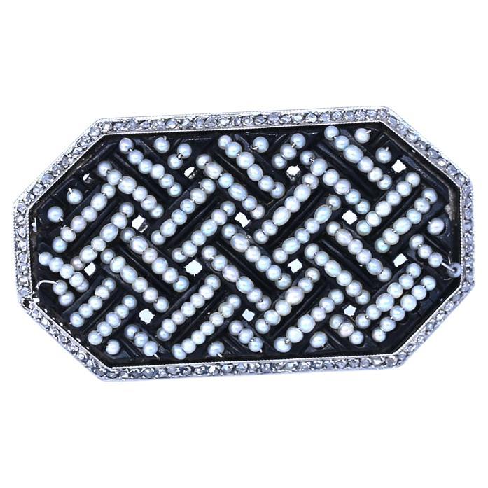 Art Deco Pearl Seeds Jet Platinum Brooch, 1920 For Sale