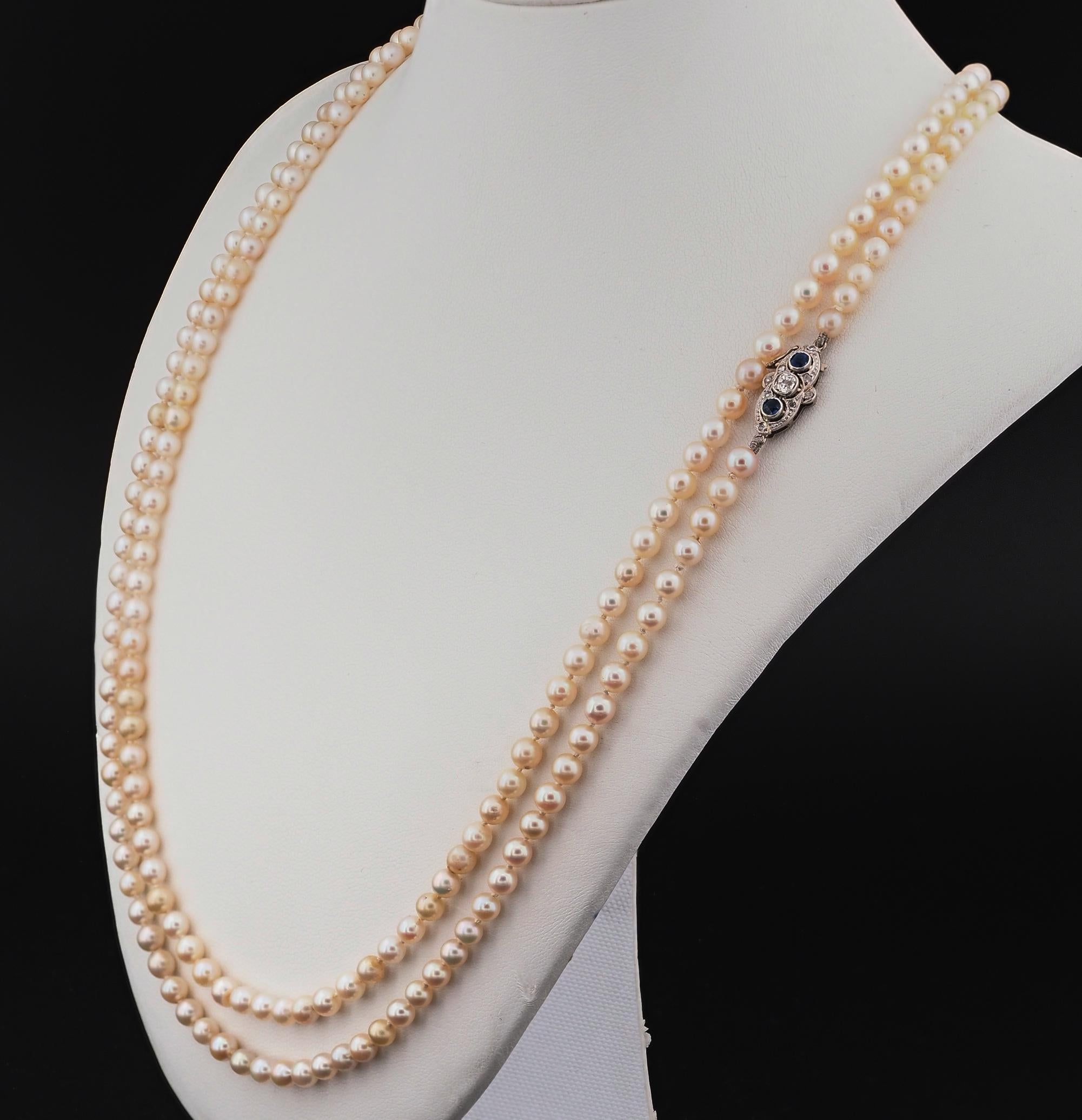 Old Mine Cut Art Deco Pearl Single Strand Sapphire Diamond 18 Kt Clasp For Sale