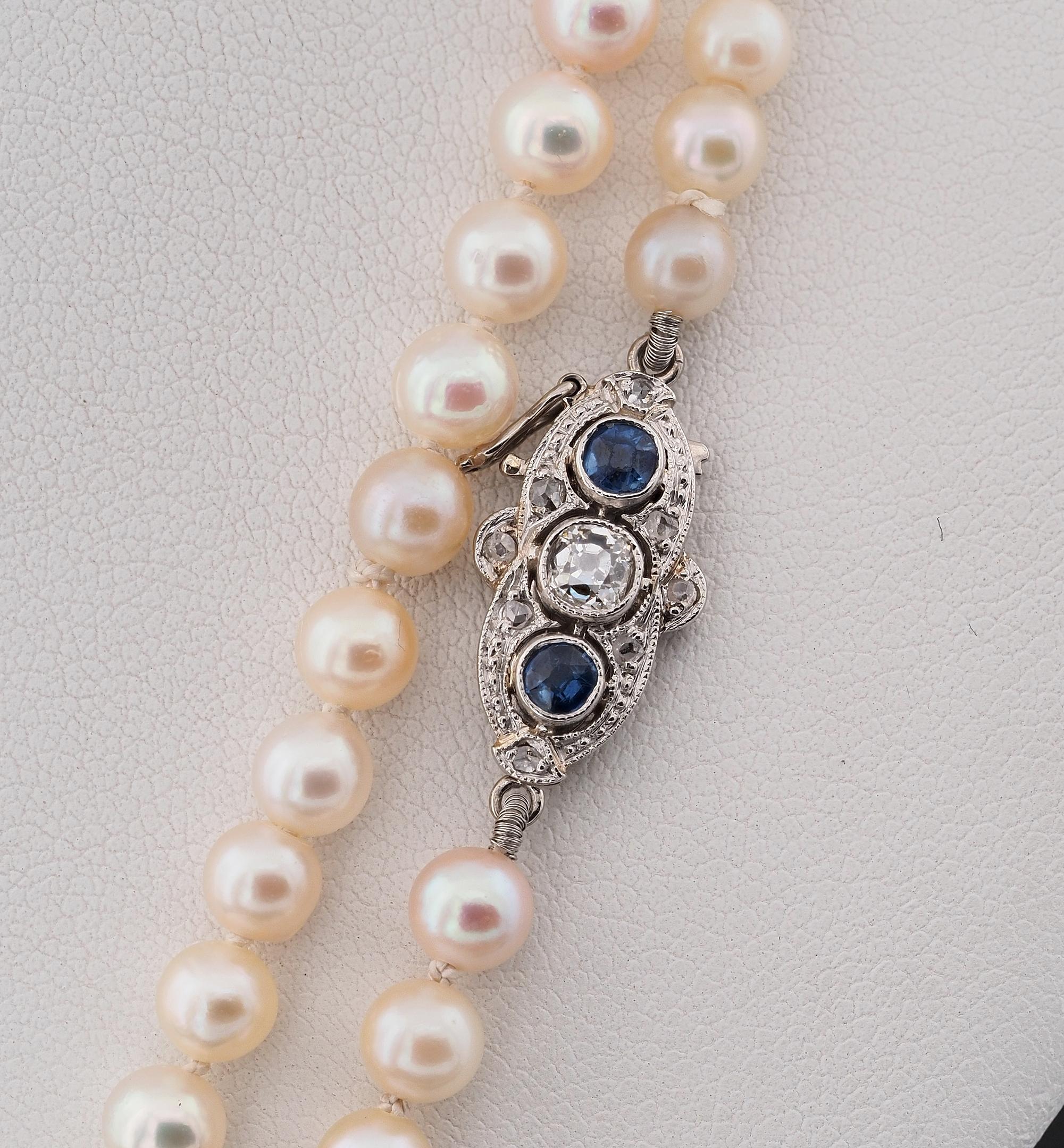 Women's Art Deco Pearl Single Strand Sapphire Diamond 18 Kt Clasp For Sale