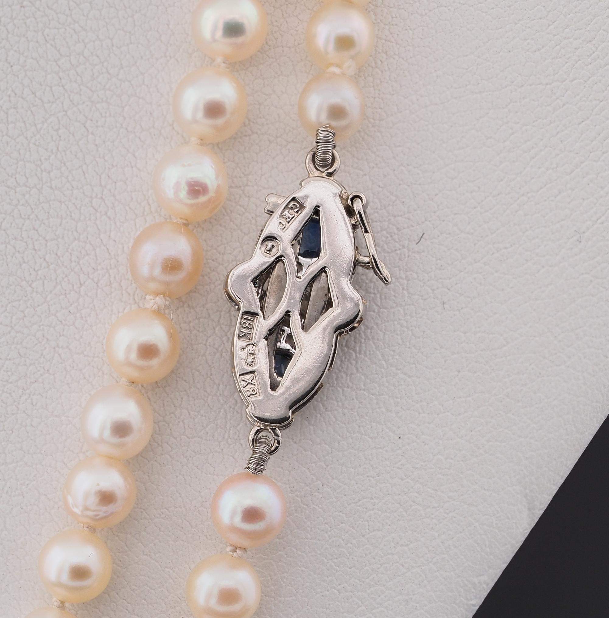 Art Deco Pearl Single Strand Sapphire Diamond 18 Kt Clasp For Sale 1