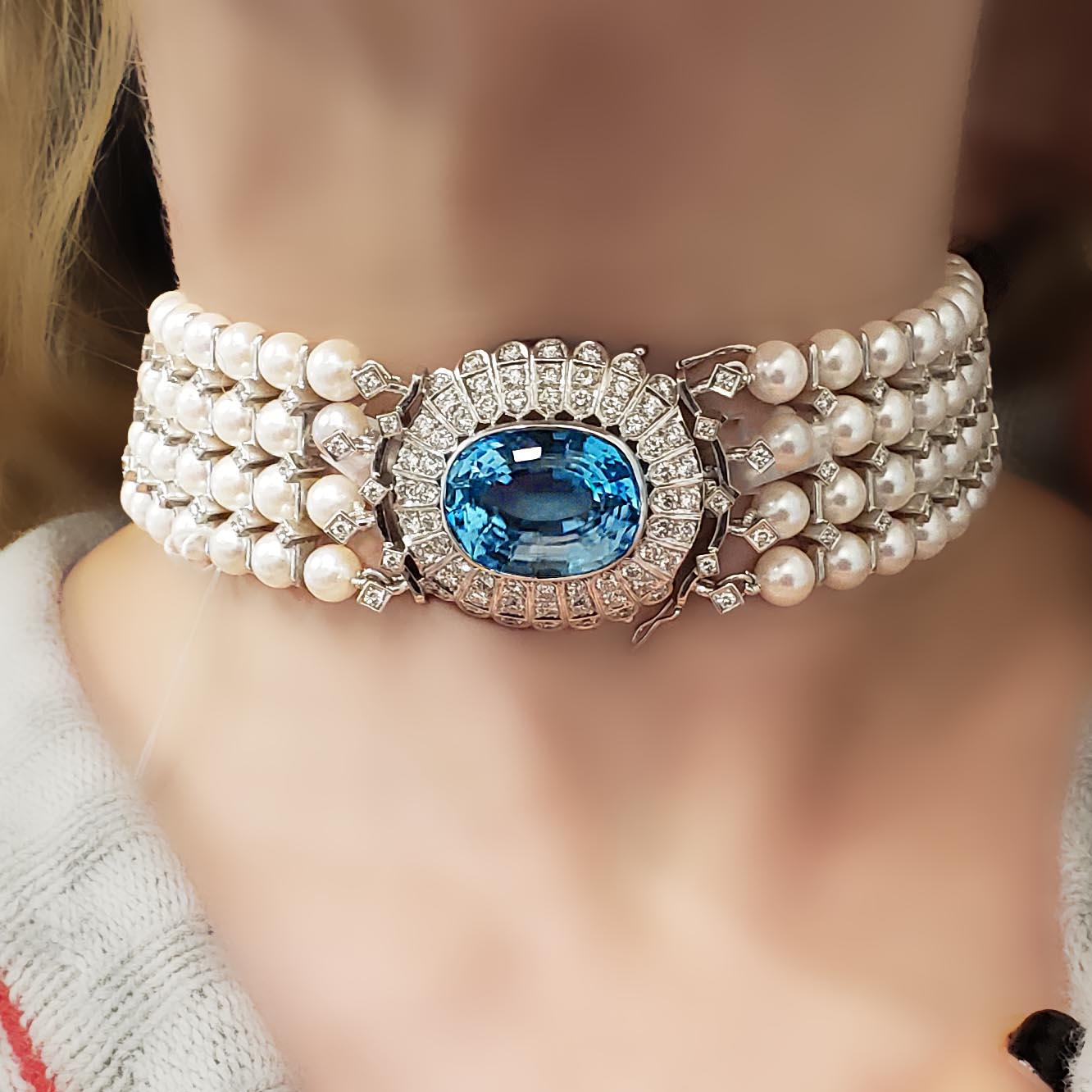 Choker-Halskette und -Armband aus Perlen und Diamanten, Topas in der Mitte Damen im Angebot