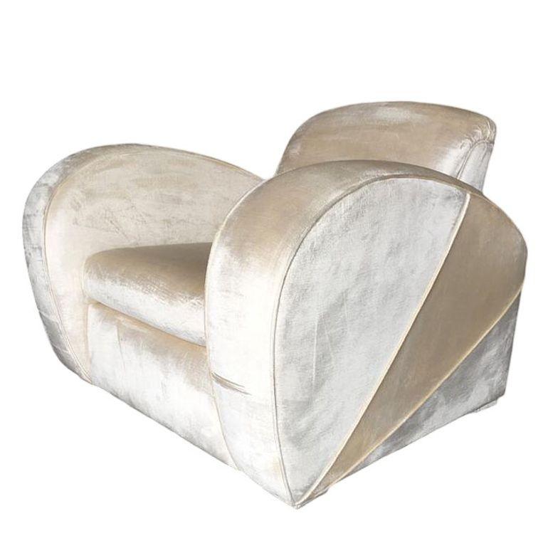 Art Déco Sedia Jazz Club Art Deco in mohair bianco perla con braccioli Speed in vendita