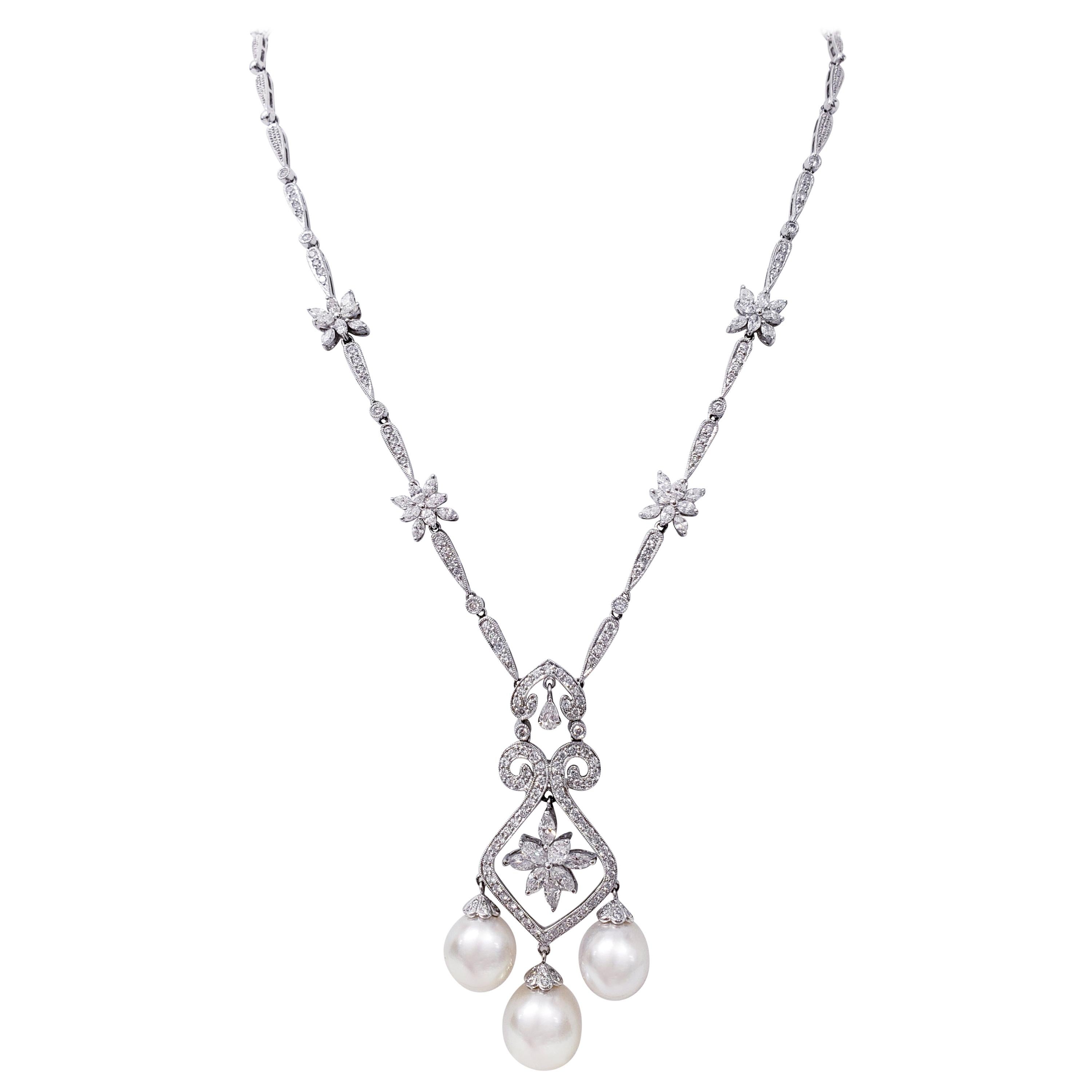 Art Deco Designer 7 Carat Diamonds & Pearls Drop Necklace 18k White Gold For Sale