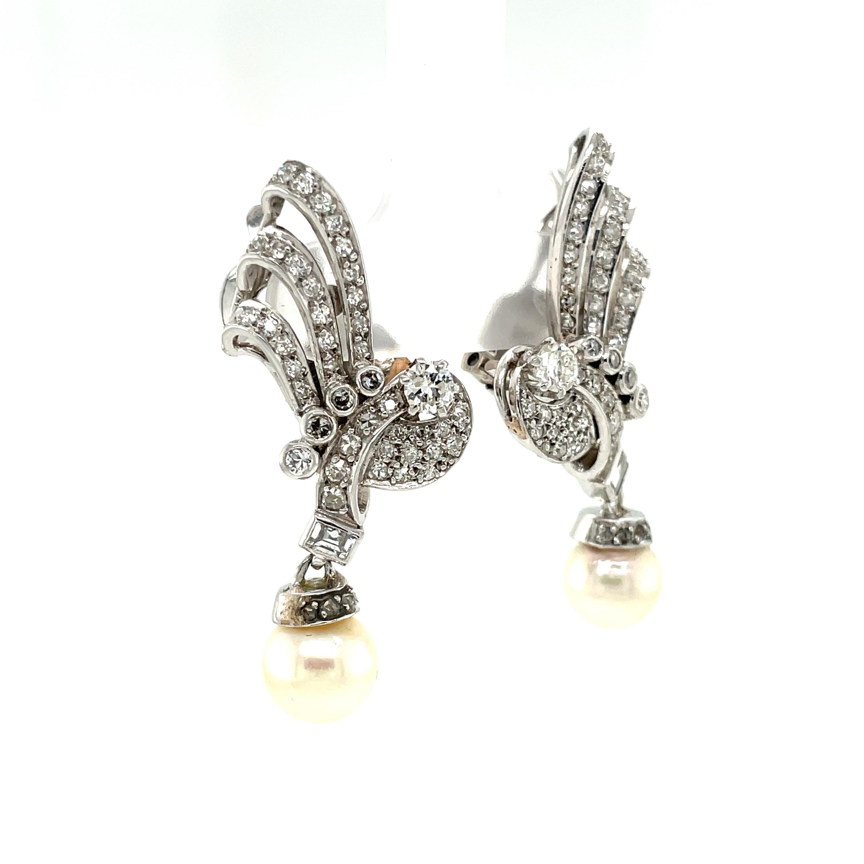 Women's Art Deco Pearls Diamond Gold Clip-on Earrings For Sale