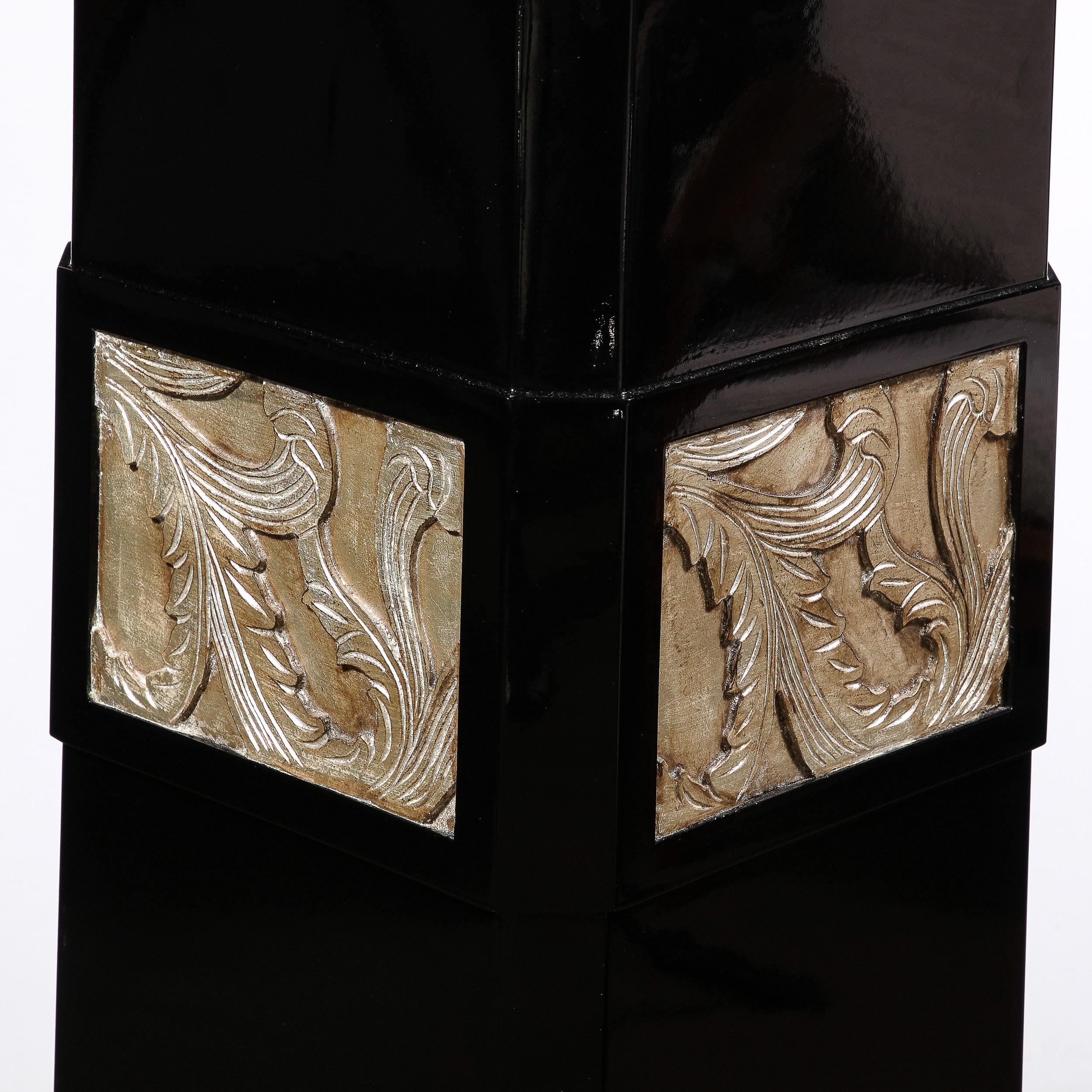 Art Deco Pedestal in Black Lacquered Walnut w/ Antique White Gold Foglia Motifs For Sale 7