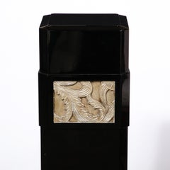 Art Deco Pedestal in Black Lacquered Walnut w/ Antique White Gold Foglia Motifs
