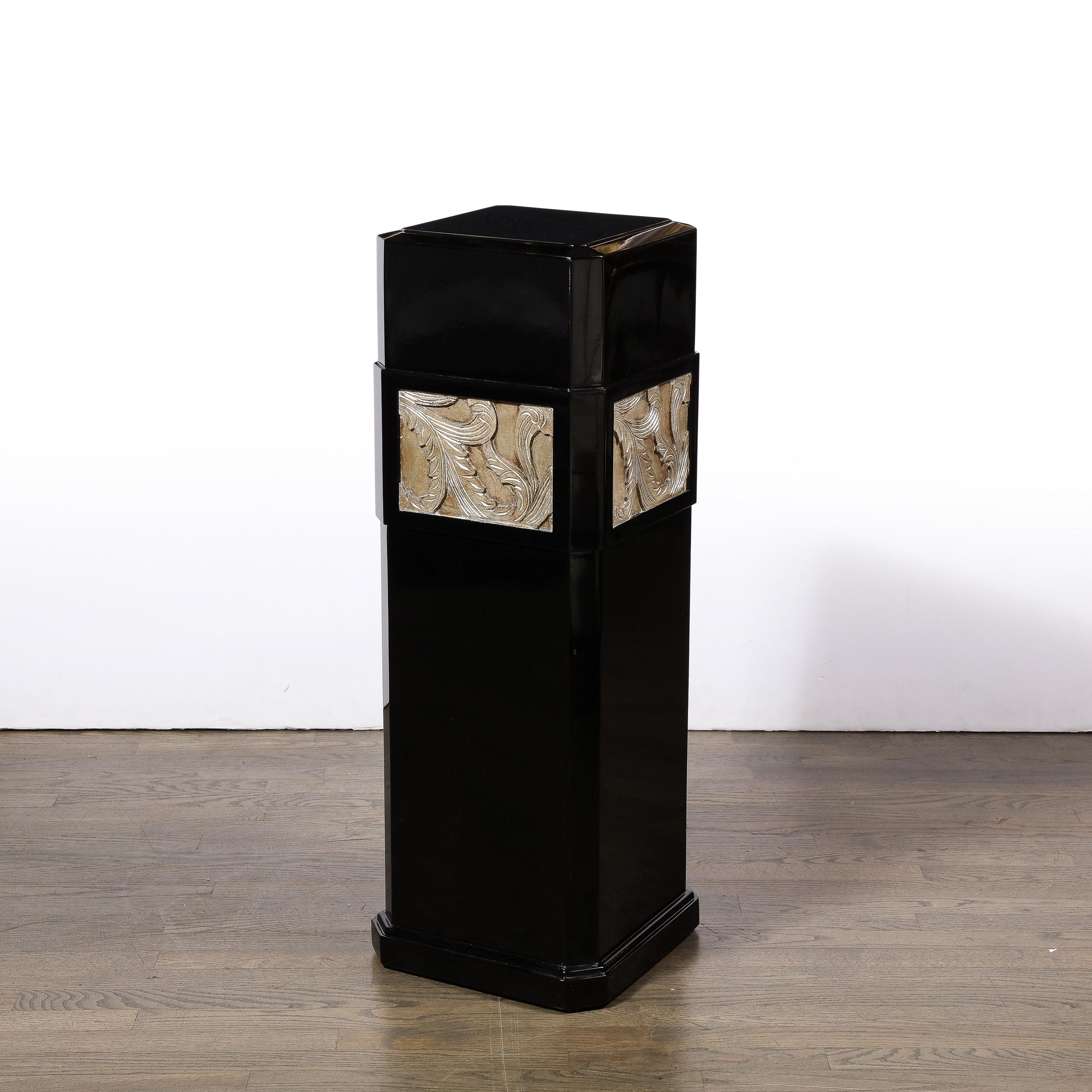 Art Deco Pedestal in Black Lacquered Walnut w/ Antique White Gold Foglia Motifs For Sale 1