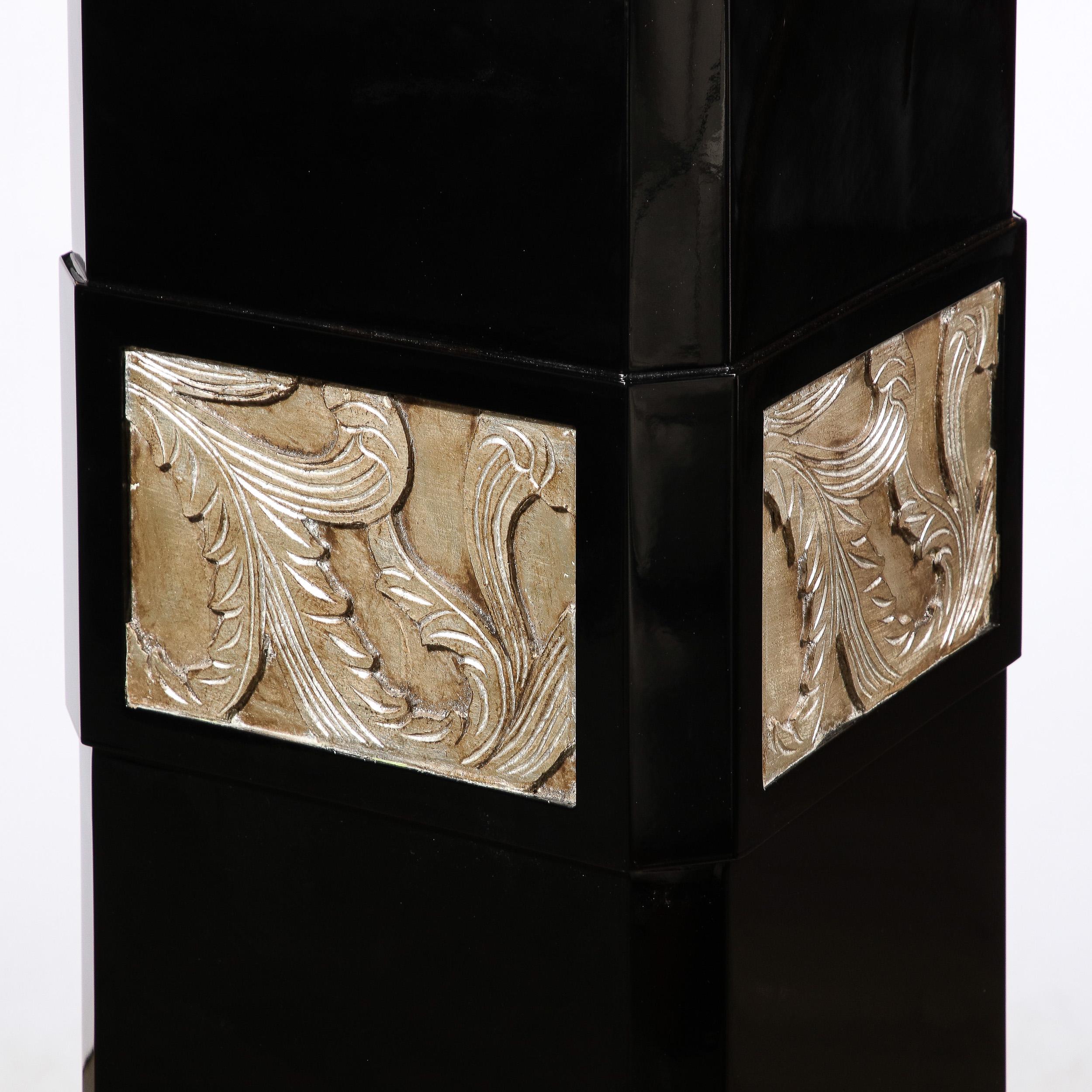 Art Deco Pedestal in Black Lacquered Walnut w/ Antique White Gold Foglia Motifs For Sale 2