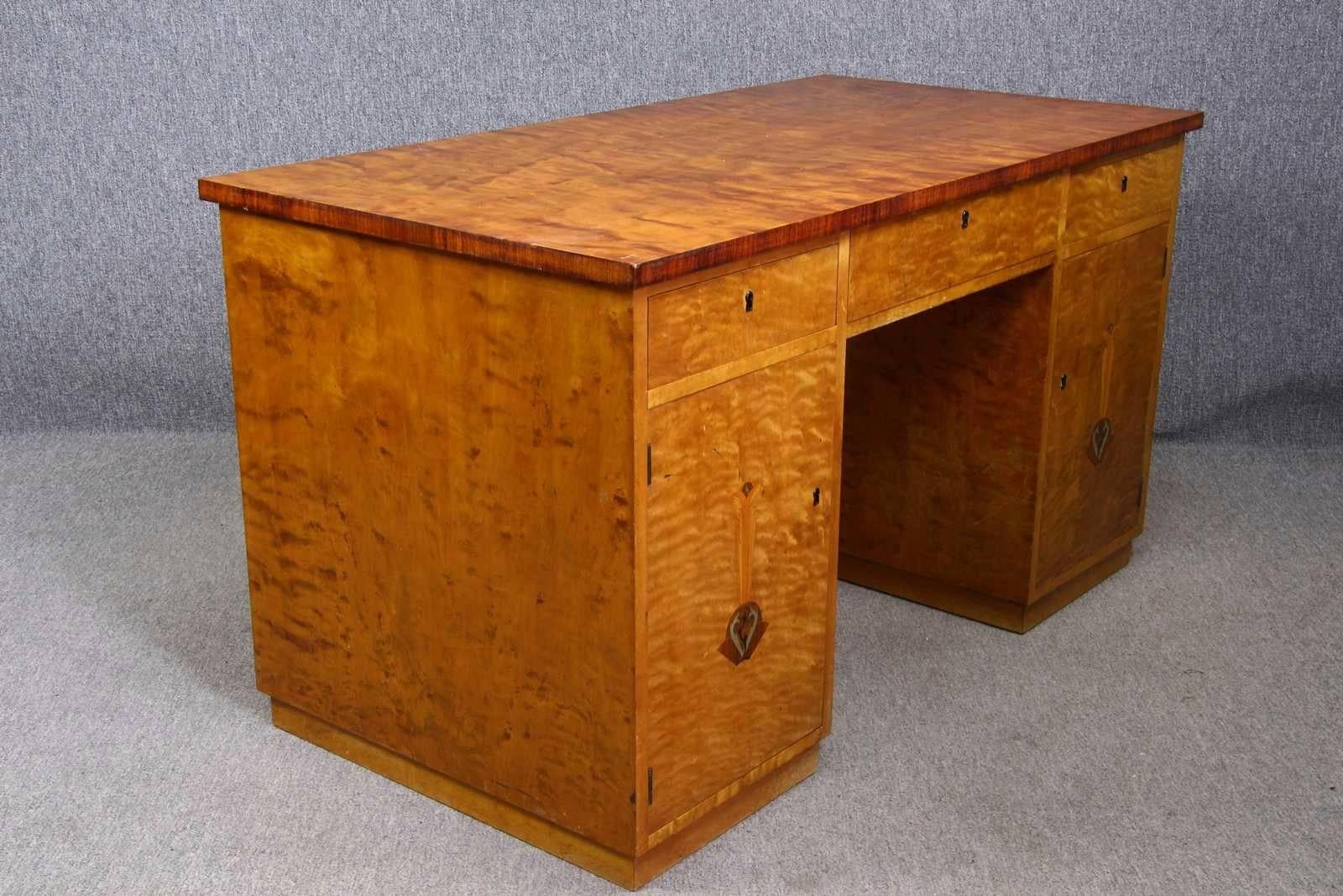 Art Deco Pedestal Partners Desk Swedish Marquetry Inlaid Flame Golden Birch In Good Condition In LONDON, GB