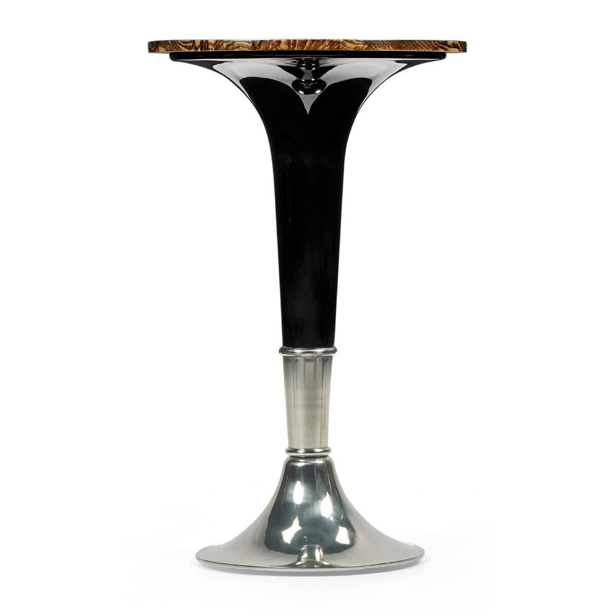 An Art Deco-inspired pedestal occasional table with an amber ash burl top on a black lacquered and stainless steel tapered pedestal base.

Dimensions: 16