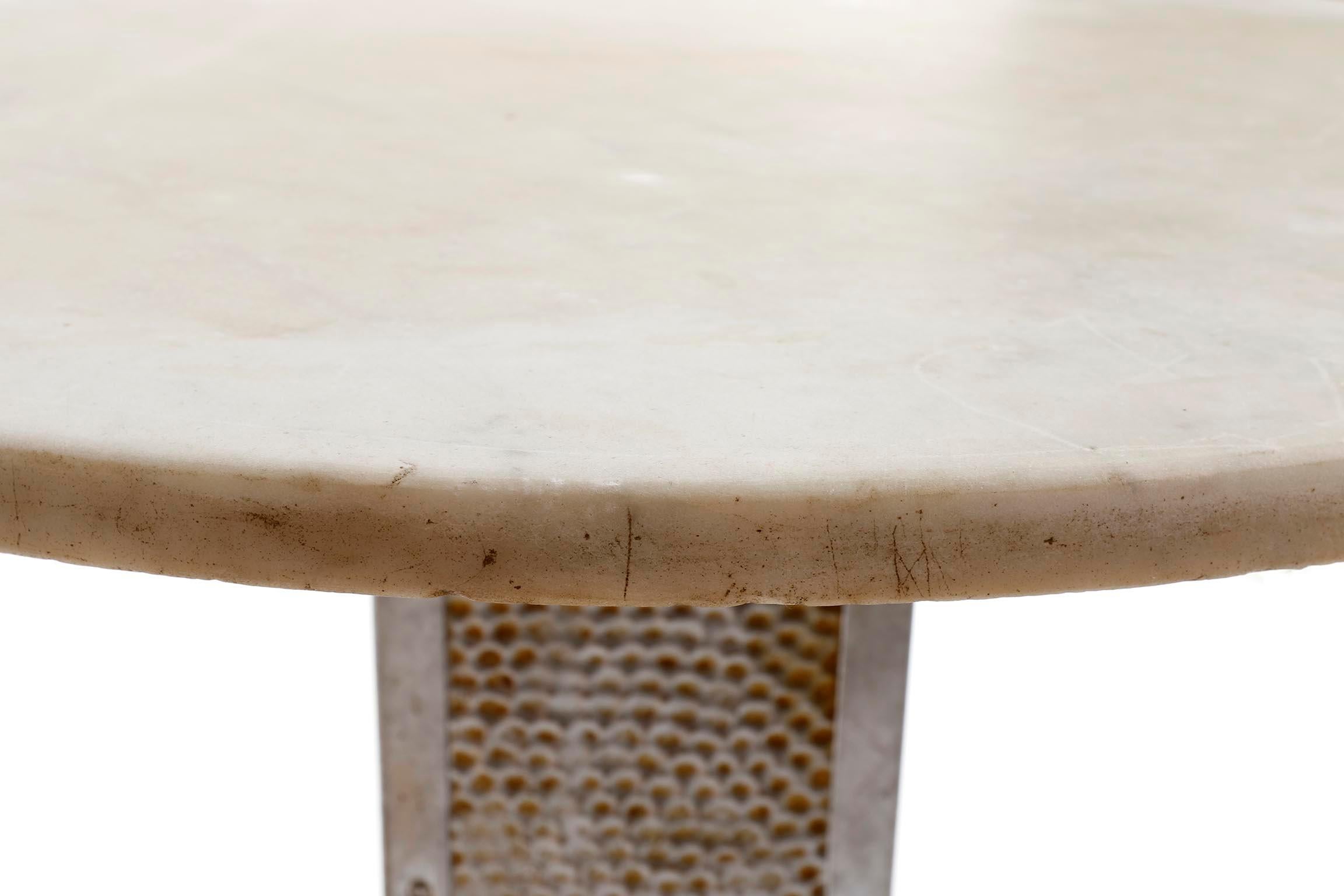 Art Deco Pedestal Table, Marble Patinated Hammered Nickeled Brass, Austria, 1910 For Sale 1