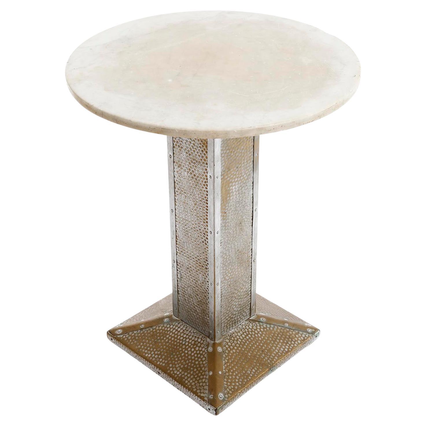 Art Deco Pedestal Table, Marble Patinated Hammered Nickeled Brass, Austria, 1910 For Sale
