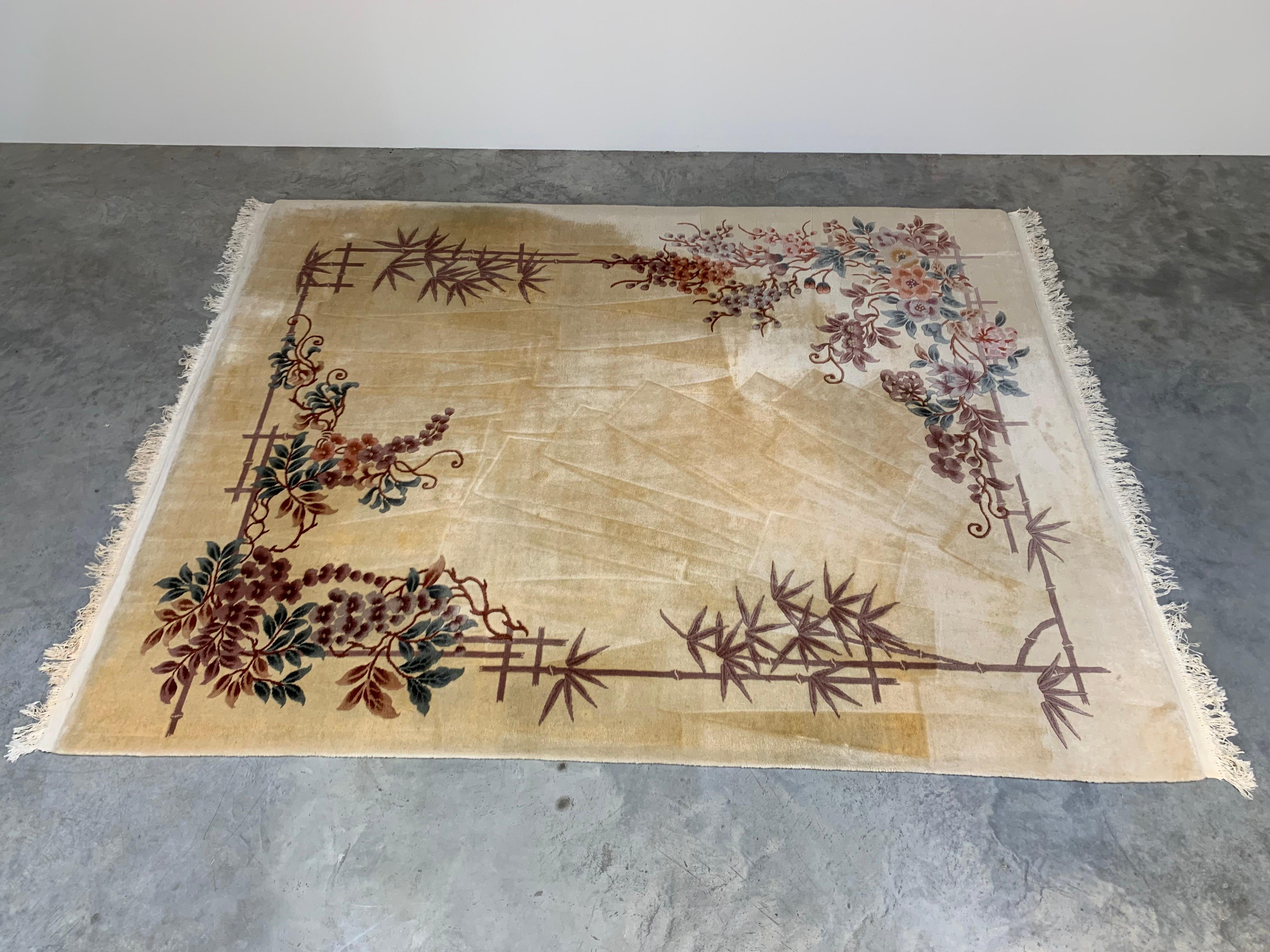 Art Deco Peking Oriental Chinese Area Throw Rug Hand Knotted Wool In Good Condition In Southampton, NJ