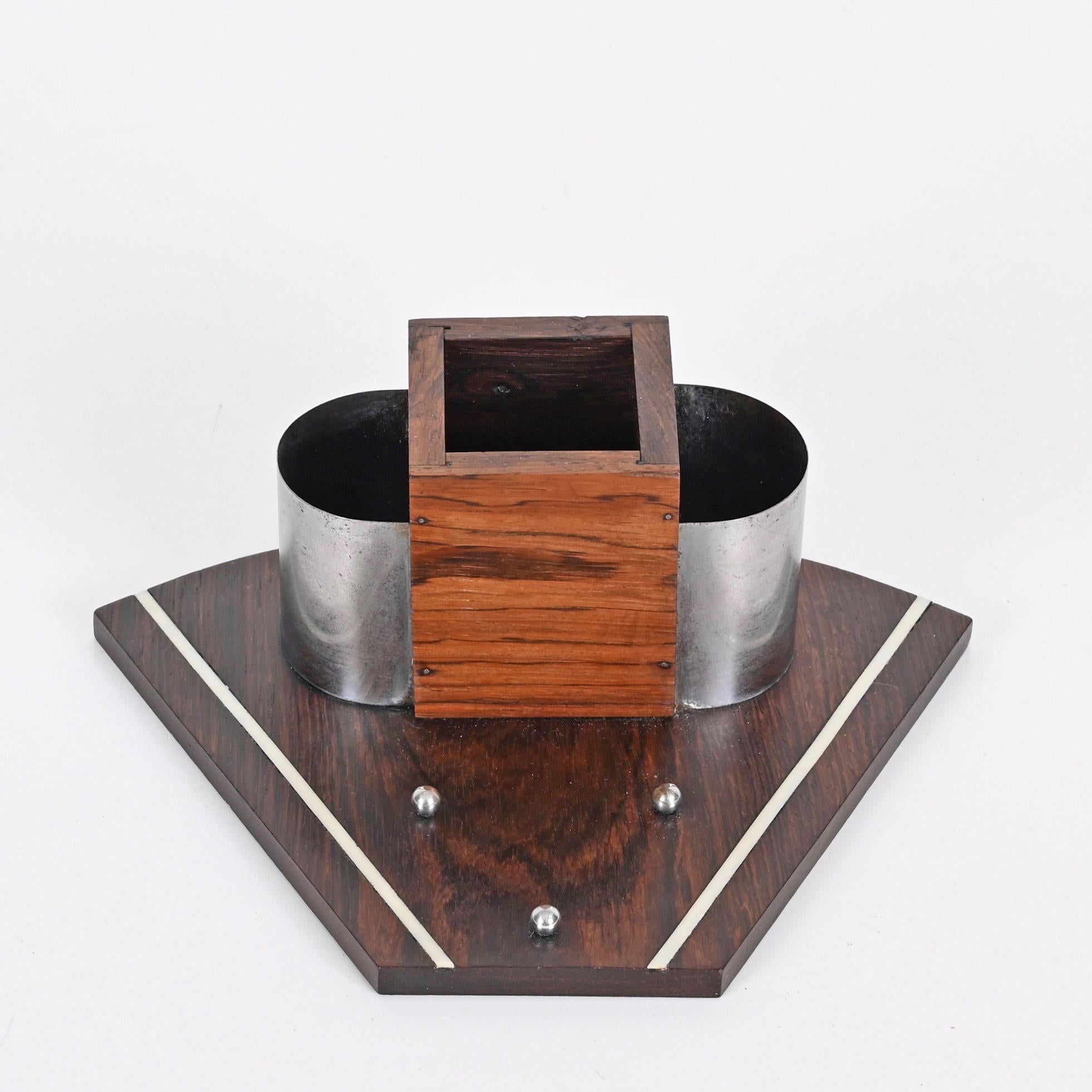 Metal Art Deco Pen Holder in Macassar Wood, Italy Desk Accessory from the 1930s For Sale