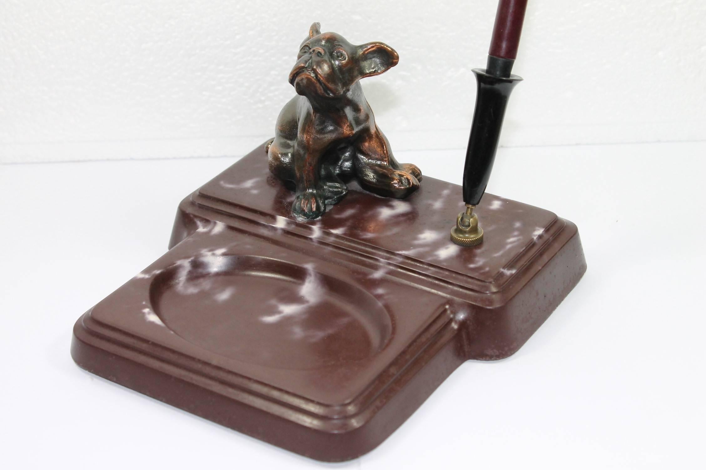 Art Deco desk set - pen holder - paper weight - Desk Accessory with a French bulldog on top. 
This Animal Themed Pen Holder has a brown and white Marble Base with a bronze bulldog dog on top and a movable pen holder with a fountain pen. The pen