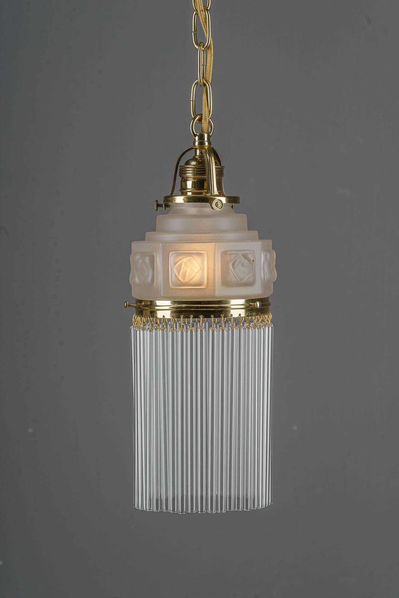 Brass Art Deco pendant around 1920s with frosted glass shade vienna 1920s For Sale