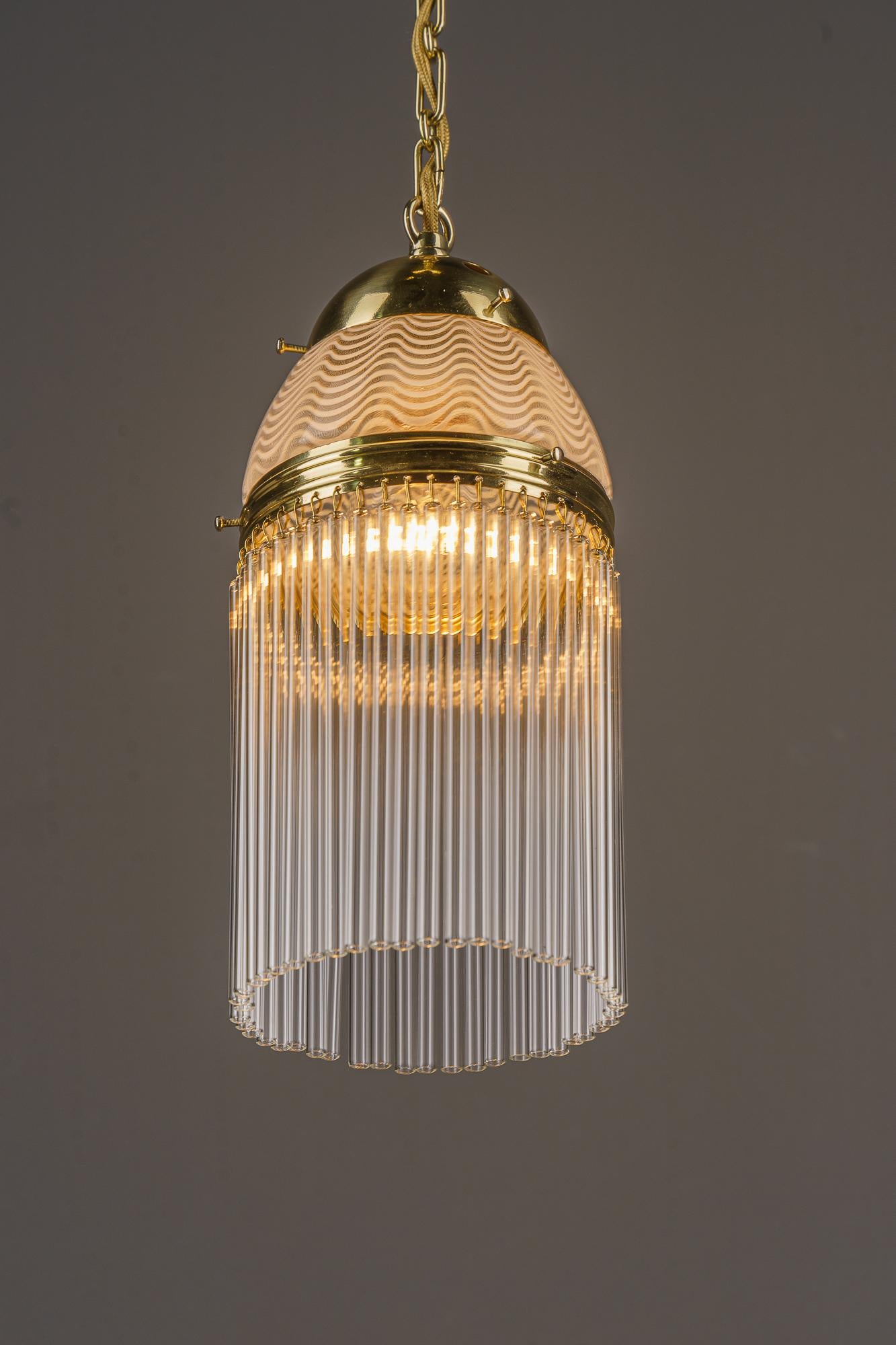 Brass Art Deco pendant around 1920s with opaline glass shade vienna 1920s For Sale