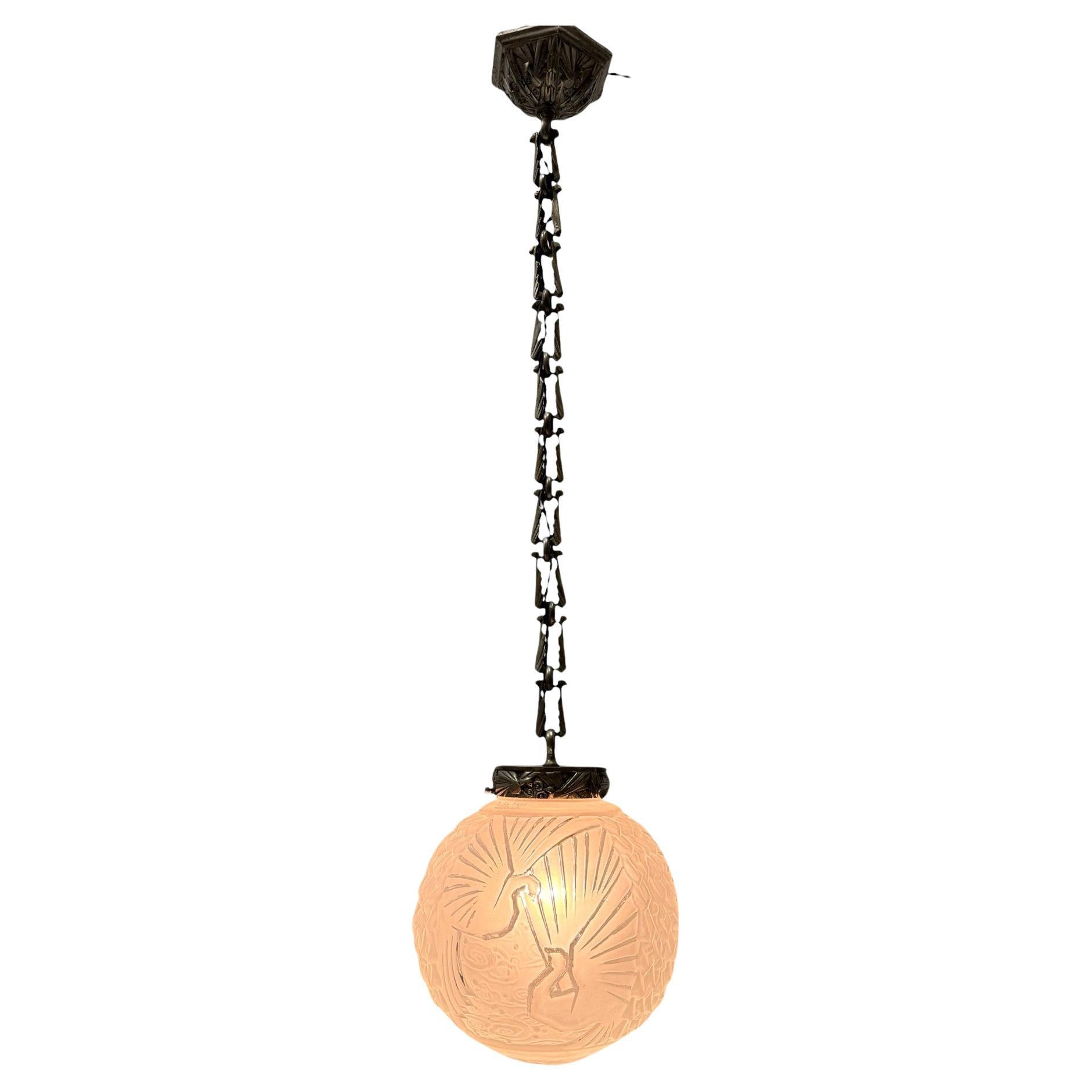 Art Deco Pendant by Muller Frères Luneville with Original Birds Shade, 1930s For Sale
