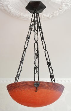 Art Deco Pendant Chandelier by André Delatte, Glass & Iron, France"