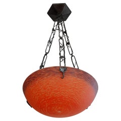 Art Deco Pendant Chandelier by André Delatte, Glass & Iron, France"