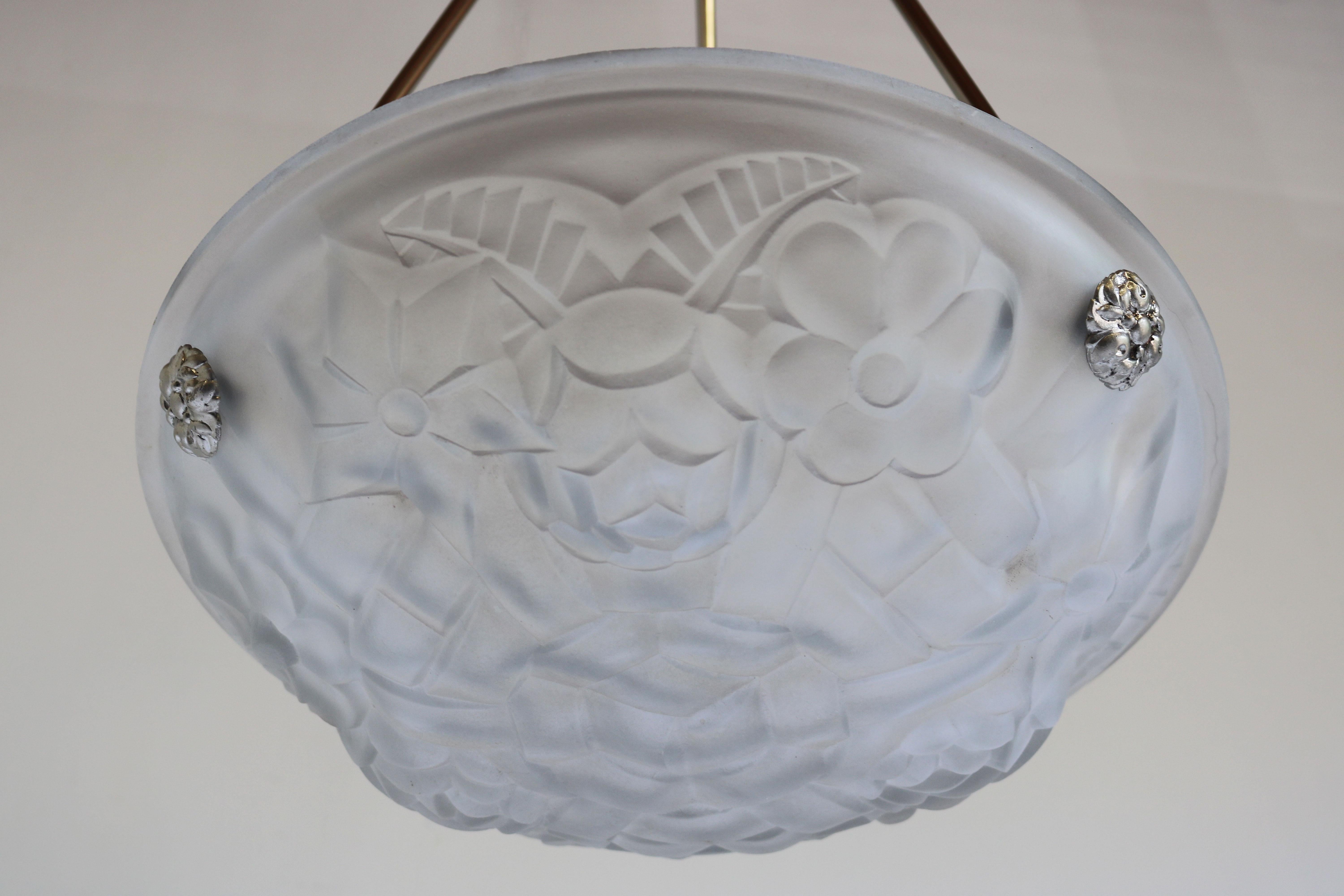 French Art Deco Pendant / Chandelier by David Gueron Degue 1930 Floral Motives Frosted For Sale