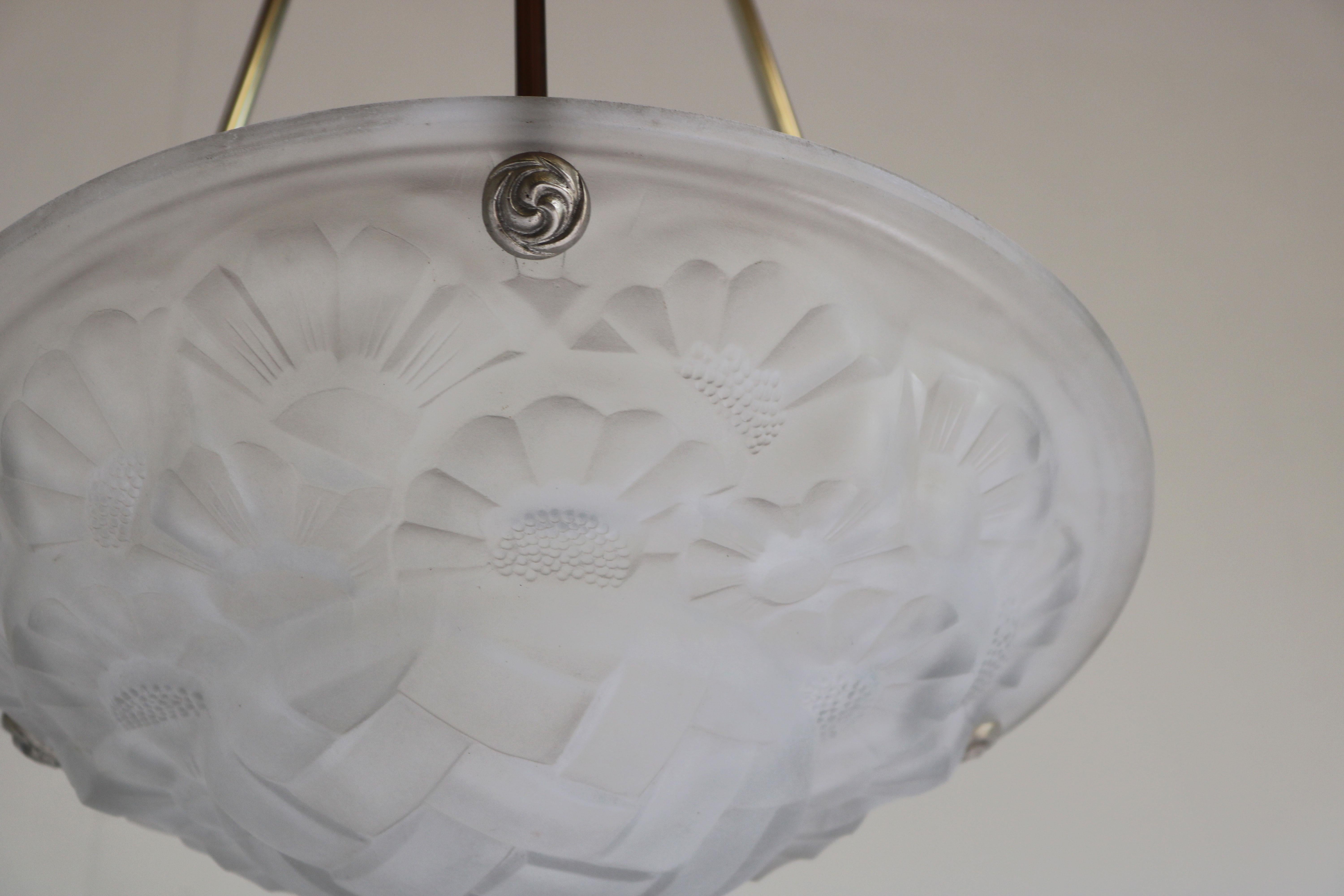 Art Deco Pendant / Chandelier by David Gueron Degue 1930 Frosted Glass White For Sale 3