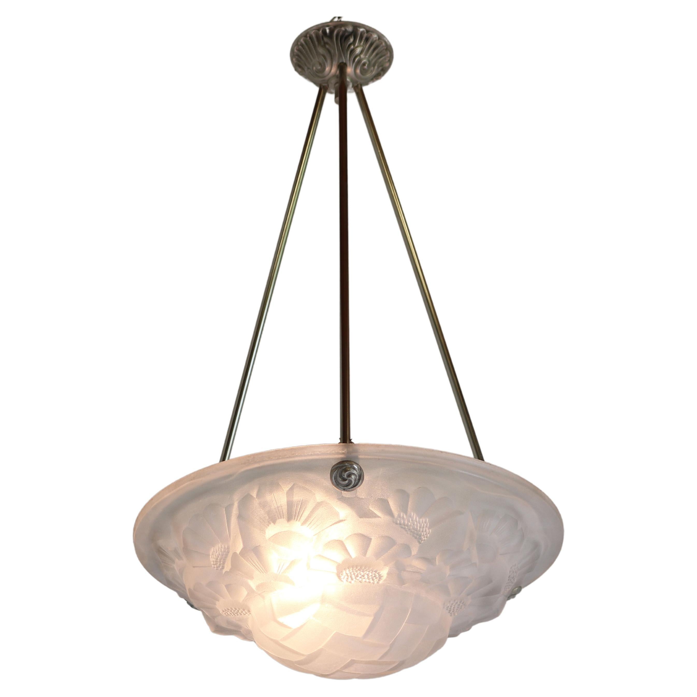 Art Deco Pendant / Chandelier by David Gueron Degue 1930 Frosted Glass White For Sale