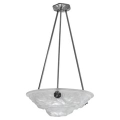 Art Deco Pendant Chandelier by Degué, Frosted Glass & Bronze, 1920