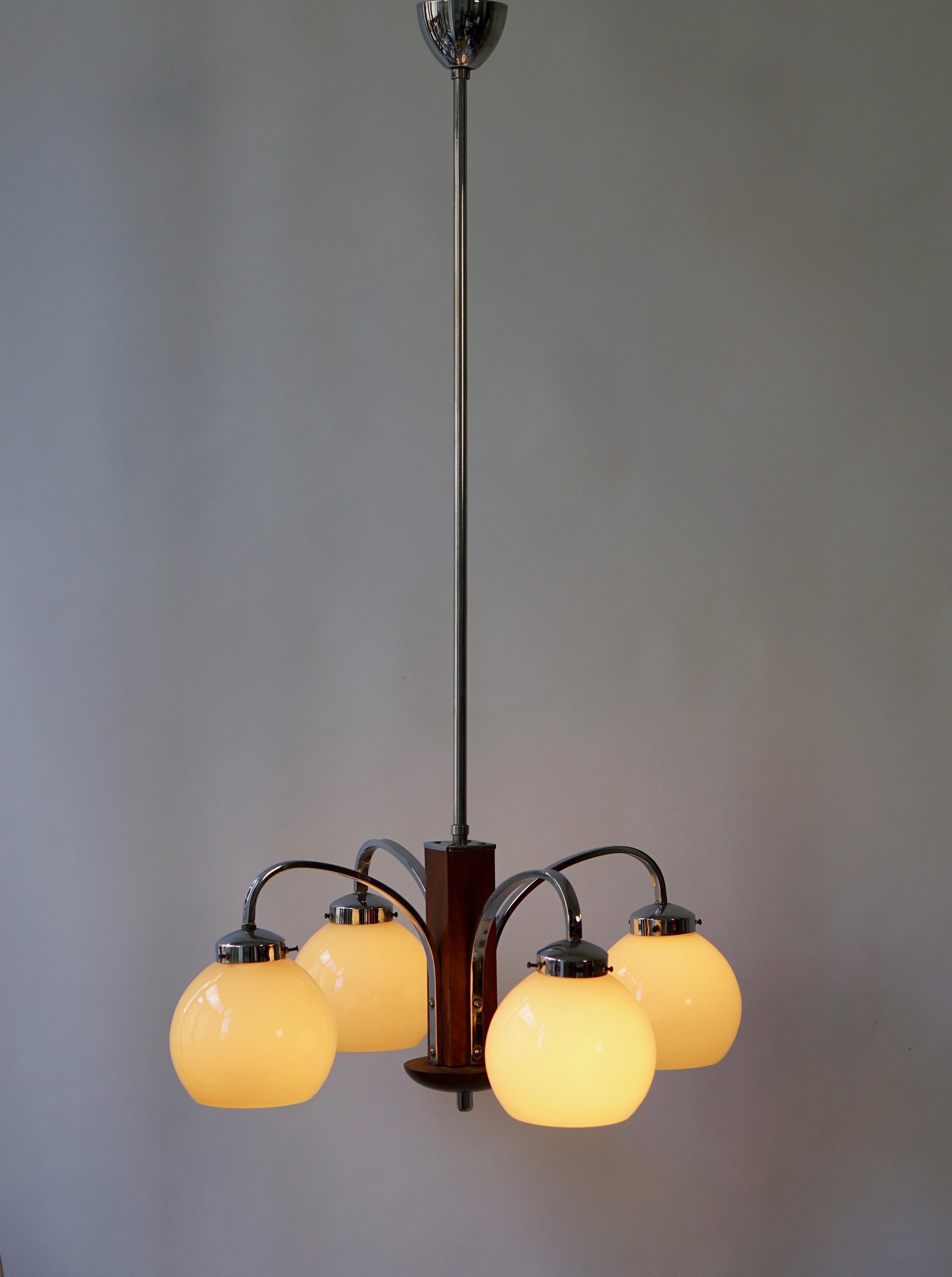 Metal Art Deco Chandelier in Glass And Wood For Sale