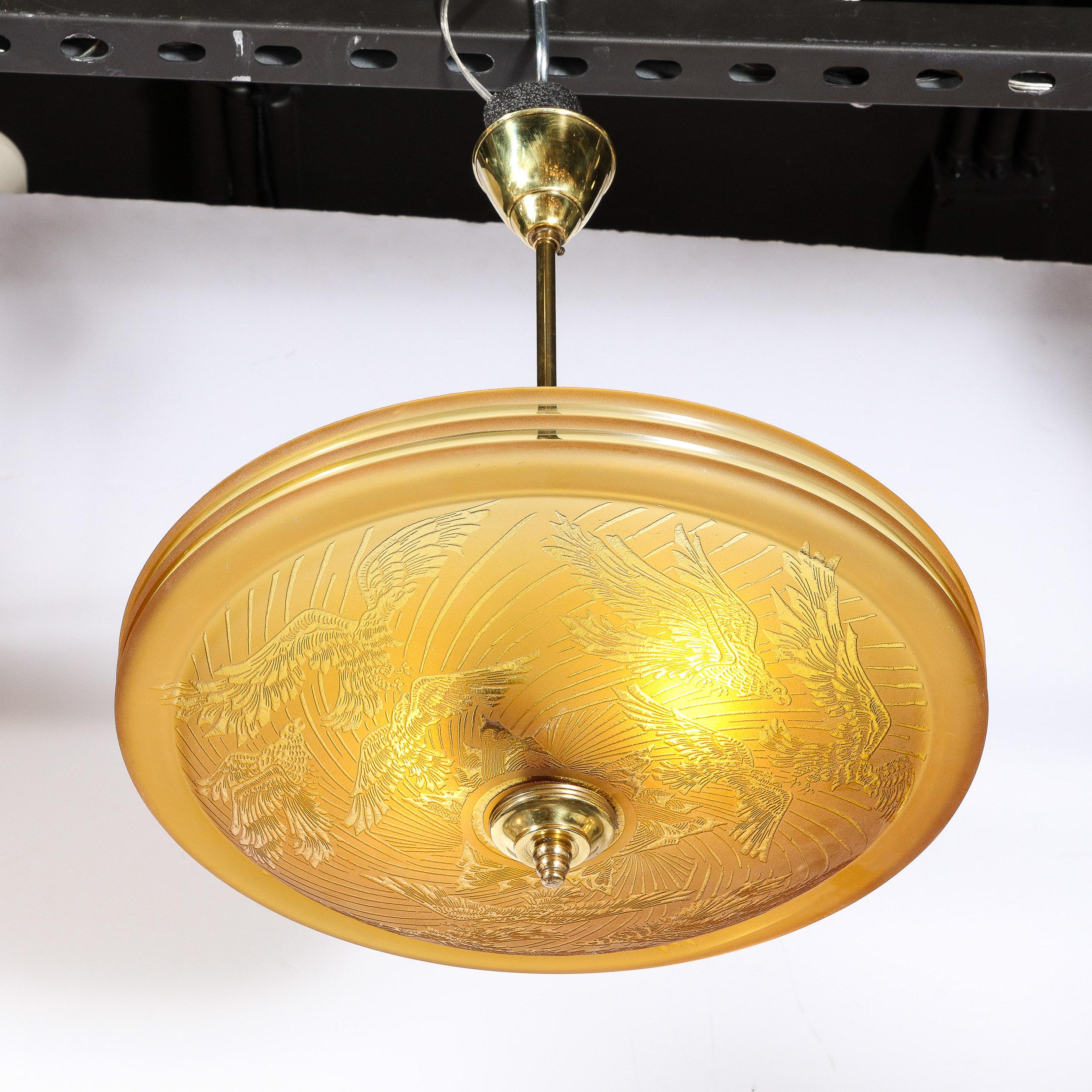 Art Deco Pendant Chandelier in Amber with Acid Etched  Motif by Deveau 4