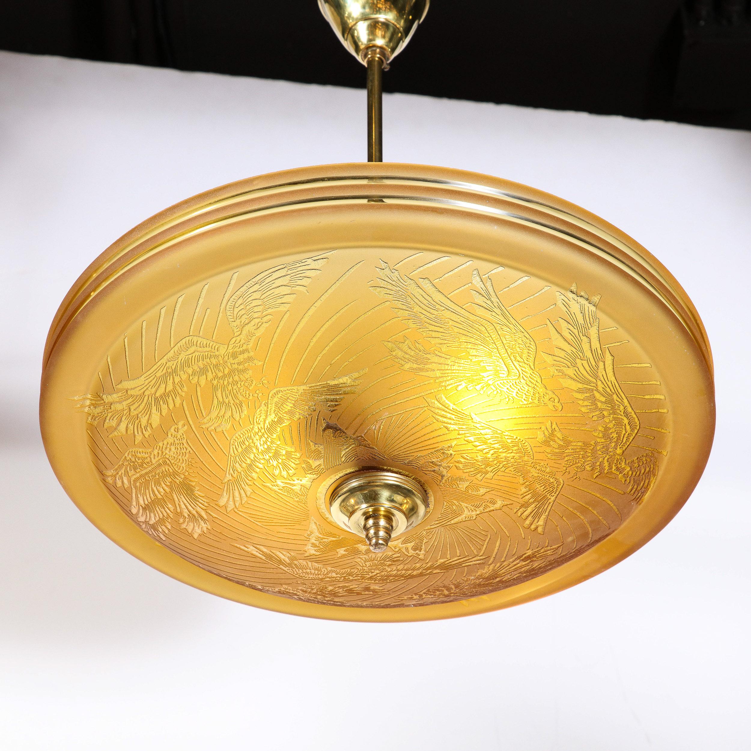 Art Deco Pendant Chandelier in Amber with Acid Etched  Motif by Deveau 5