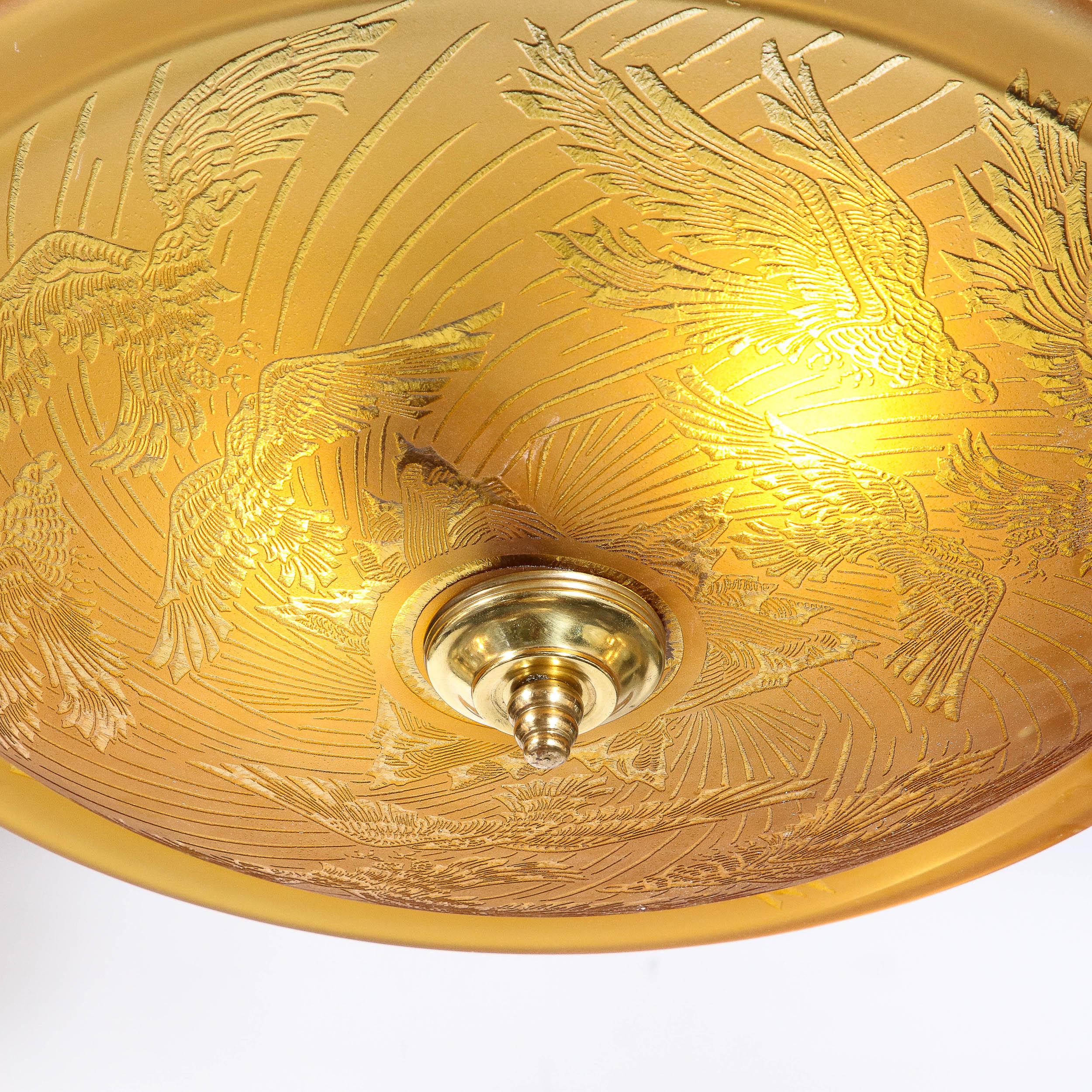 Art Deco Pendant Chandelier in Amber with Acid Etched  Motif by Deveau 8