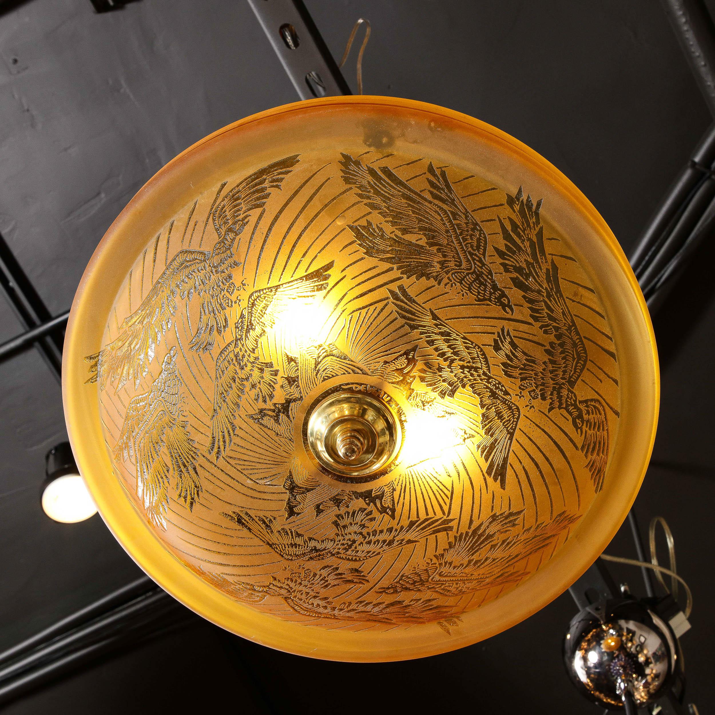 Art Deco Pendant Chandelier in Amber with Acid Etched  Motif by Deveau 10
