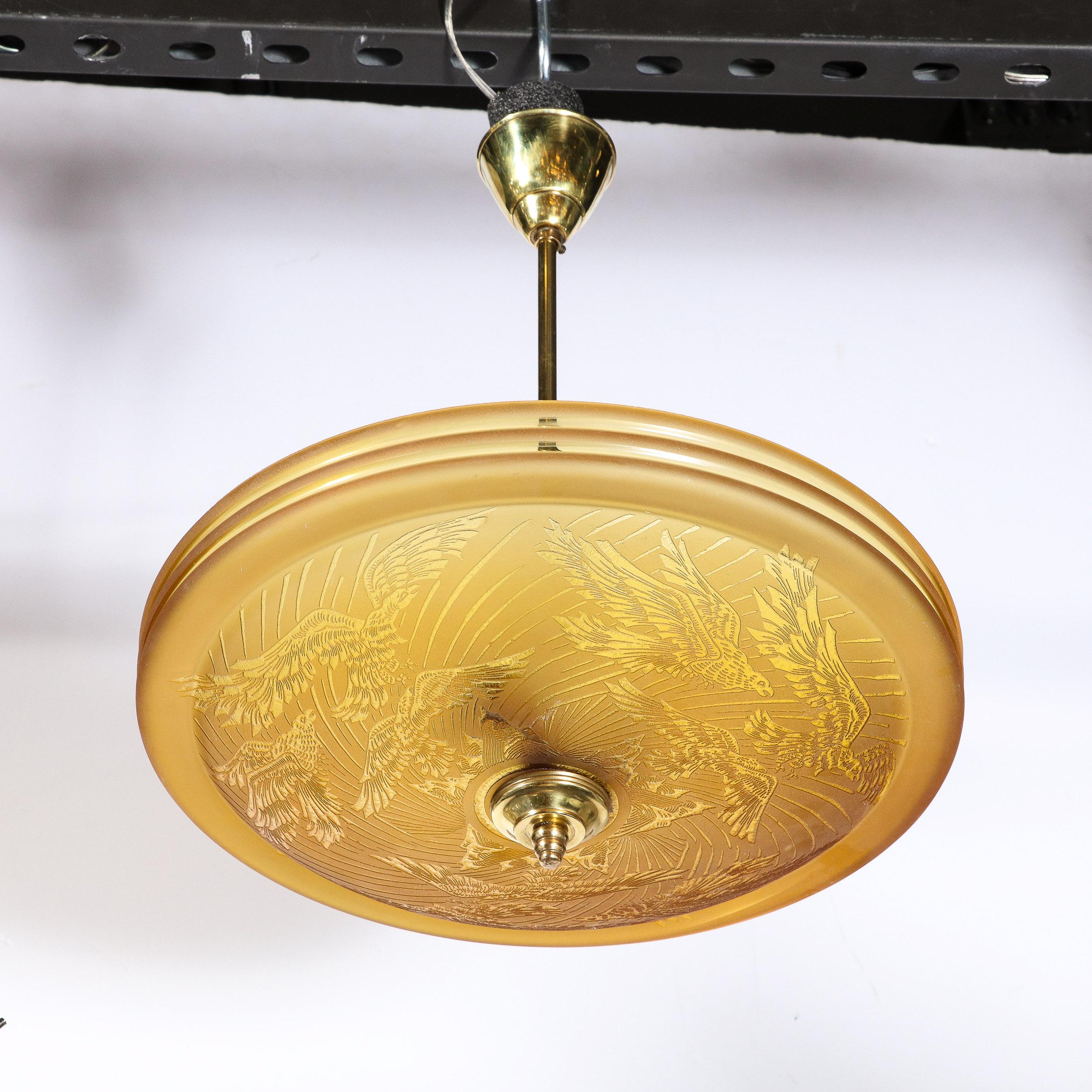 French Art Deco Pendant Chandelier in Amber with Acid Etched  Motif by Deveau