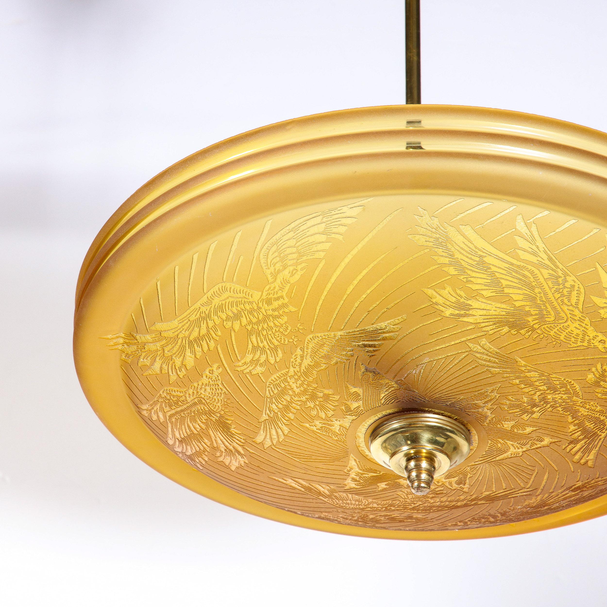 Art Deco Pendant Chandelier in Amber with Acid Etched  Motif by Deveau In Excellent Condition In New York, NY