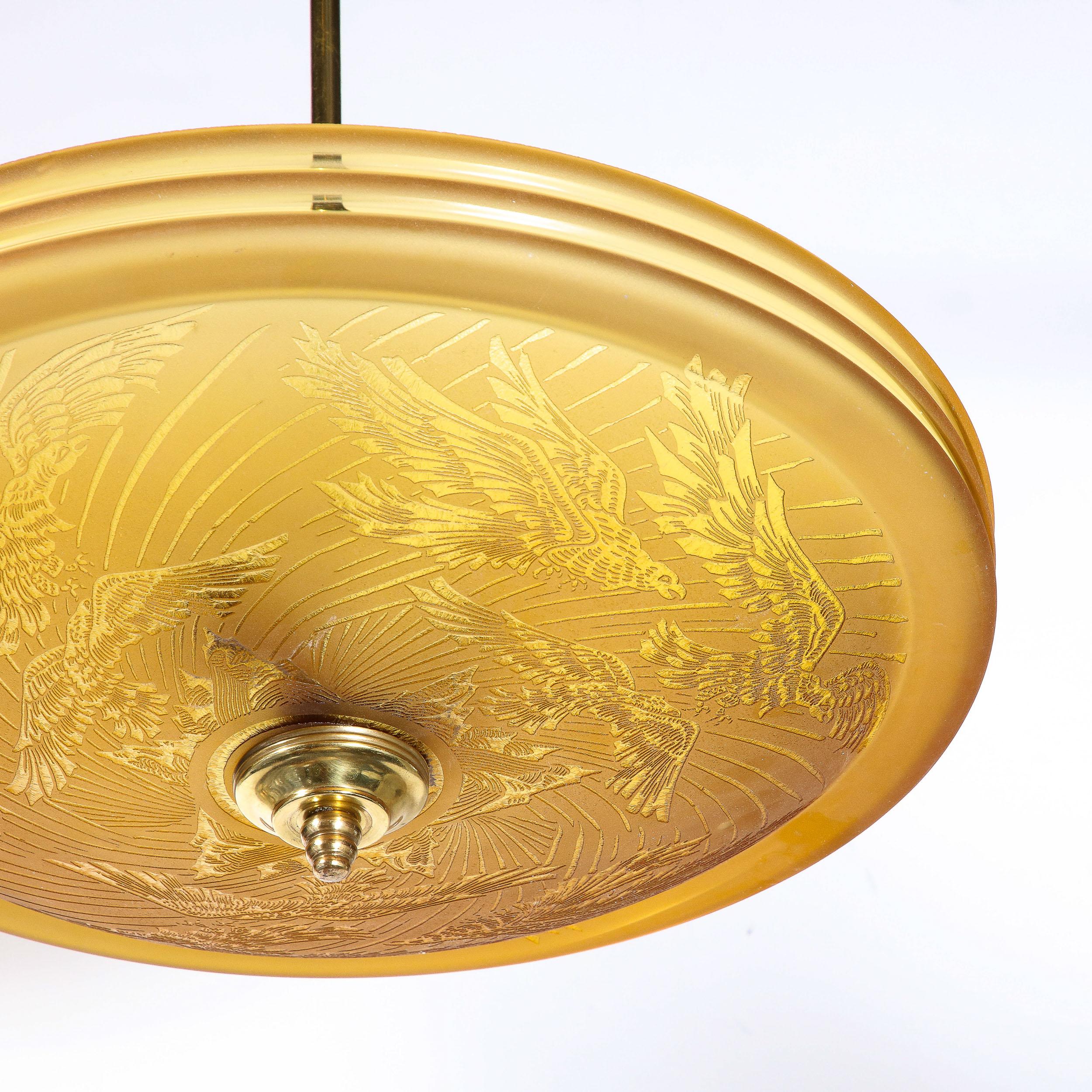 Early 20th Century Art Deco Pendant Chandelier in Amber with Acid Etched  Motif by Deveau
