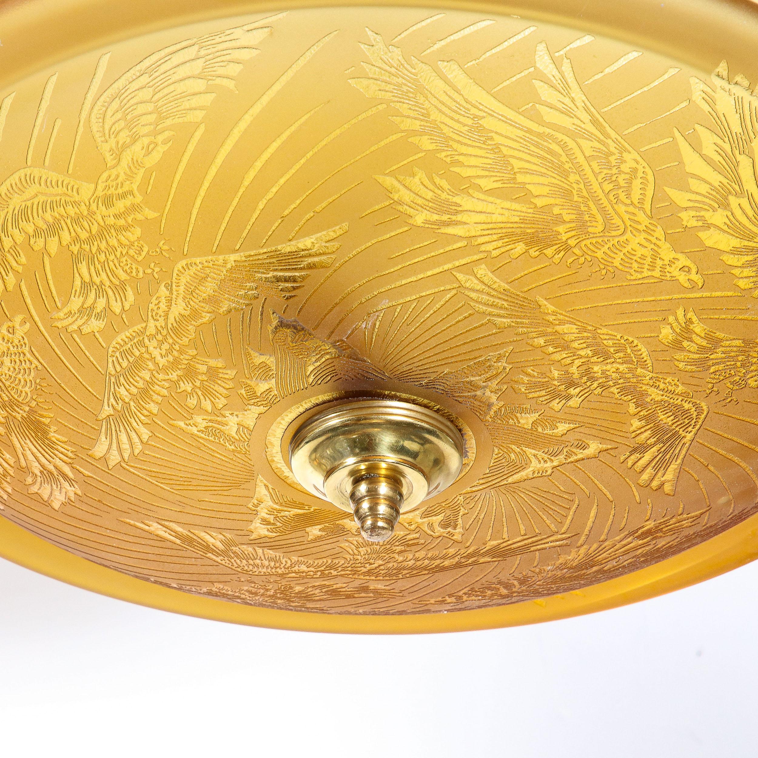 Glass Art Deco Pendant Chandelier in Amber with Acid Etched  Motif by Deveau