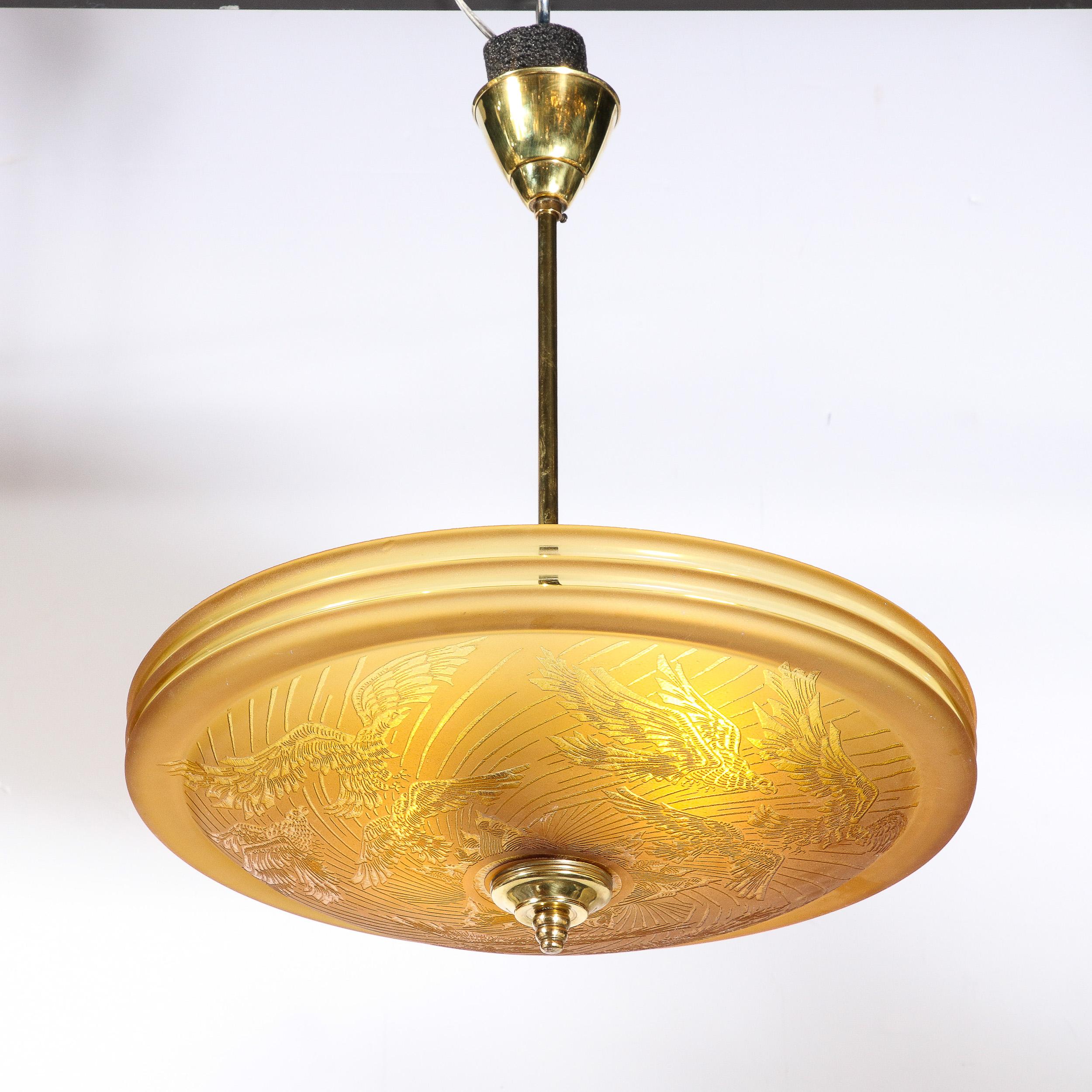 Art Deco Pendant Chandelier in Amber with Acid Etched  Motif by Deveau 2