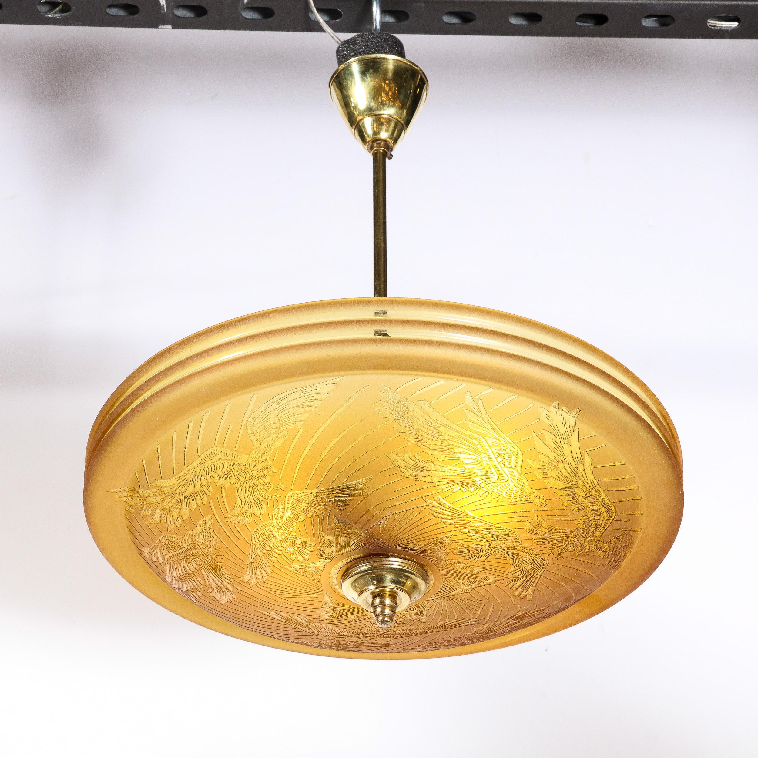 Art Deco Pendant Chandelier in Amber with Acid Etched  Motif by Deveau 3