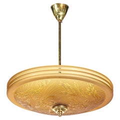 Art Deco Pendant Chandelier in Amber with Acid Etched  Motif by Deveau