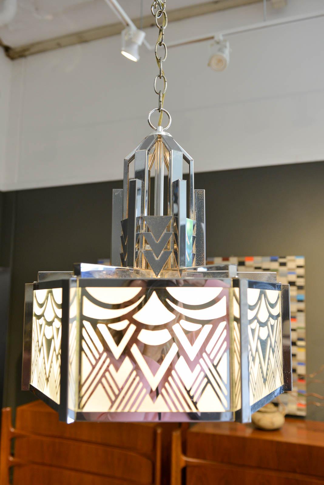 Art Deco Pendant Chandelier in Chrome and Glass 6