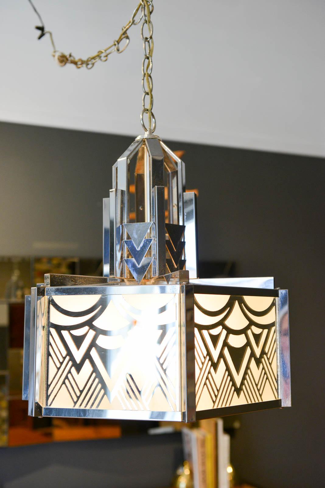 Frosted Art Deco Pendant Chandelier in Chrome and Glass