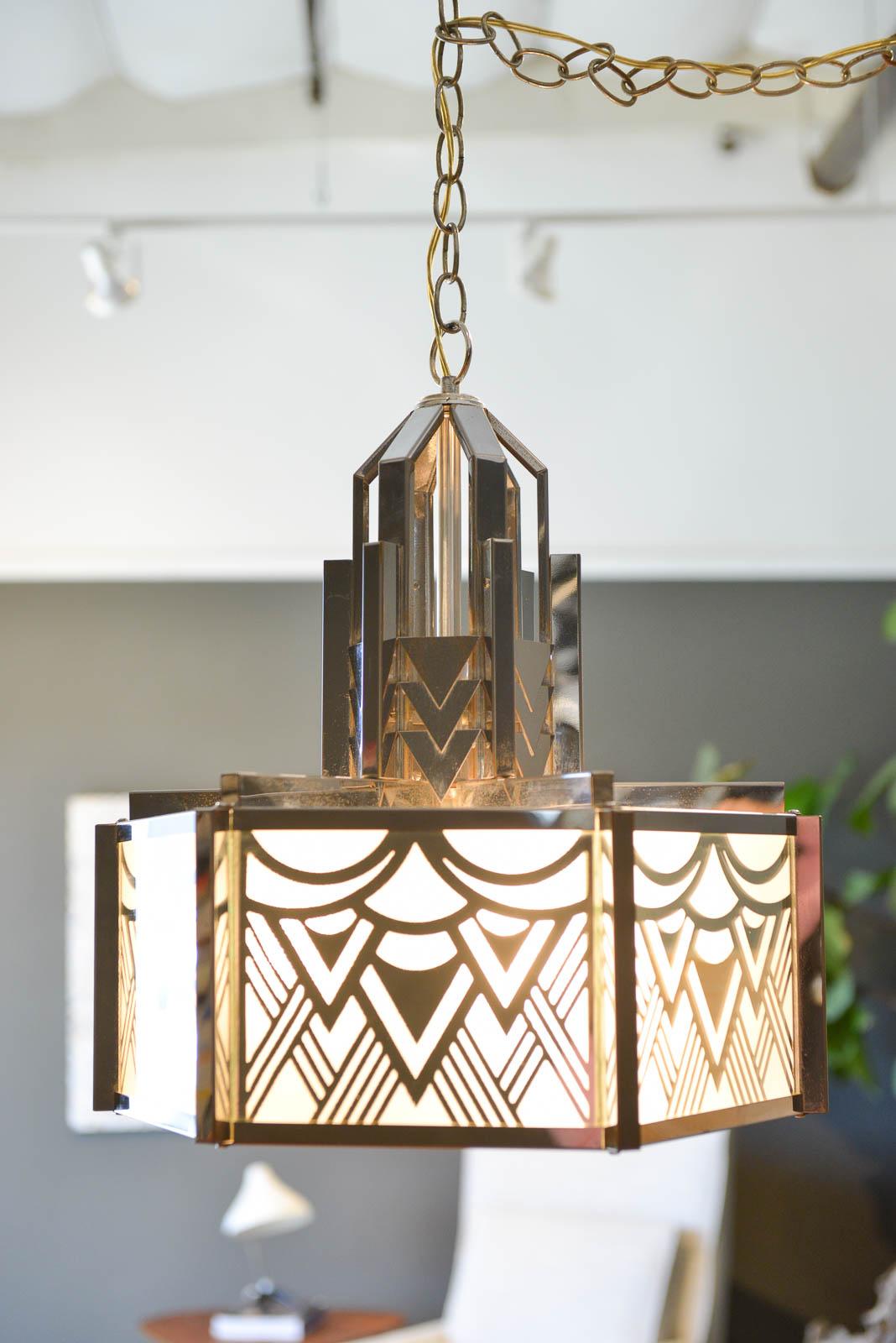 Mid-20th Century Art Deco Pendant Chandelier in Chrome and Glass