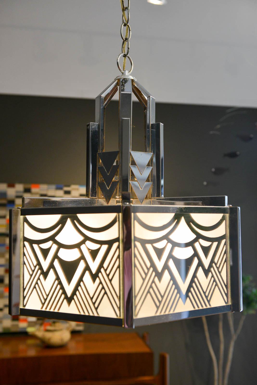 Art Deco Pendant Chandelier in Chrome and Glass 2