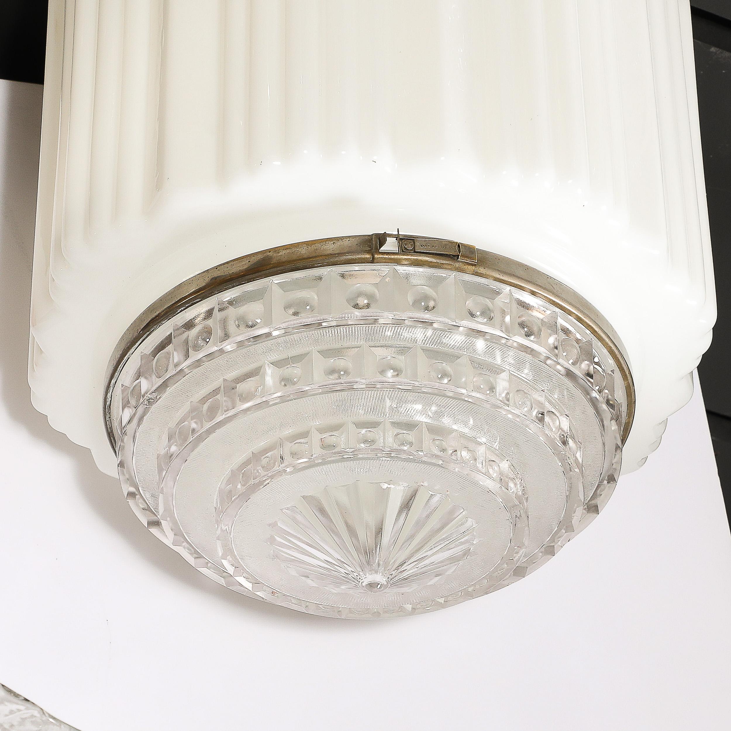 American Art Deco Pendant Chandelier in Milk Glass w/ Oil Rubbed Bronze & Nickel Fittings