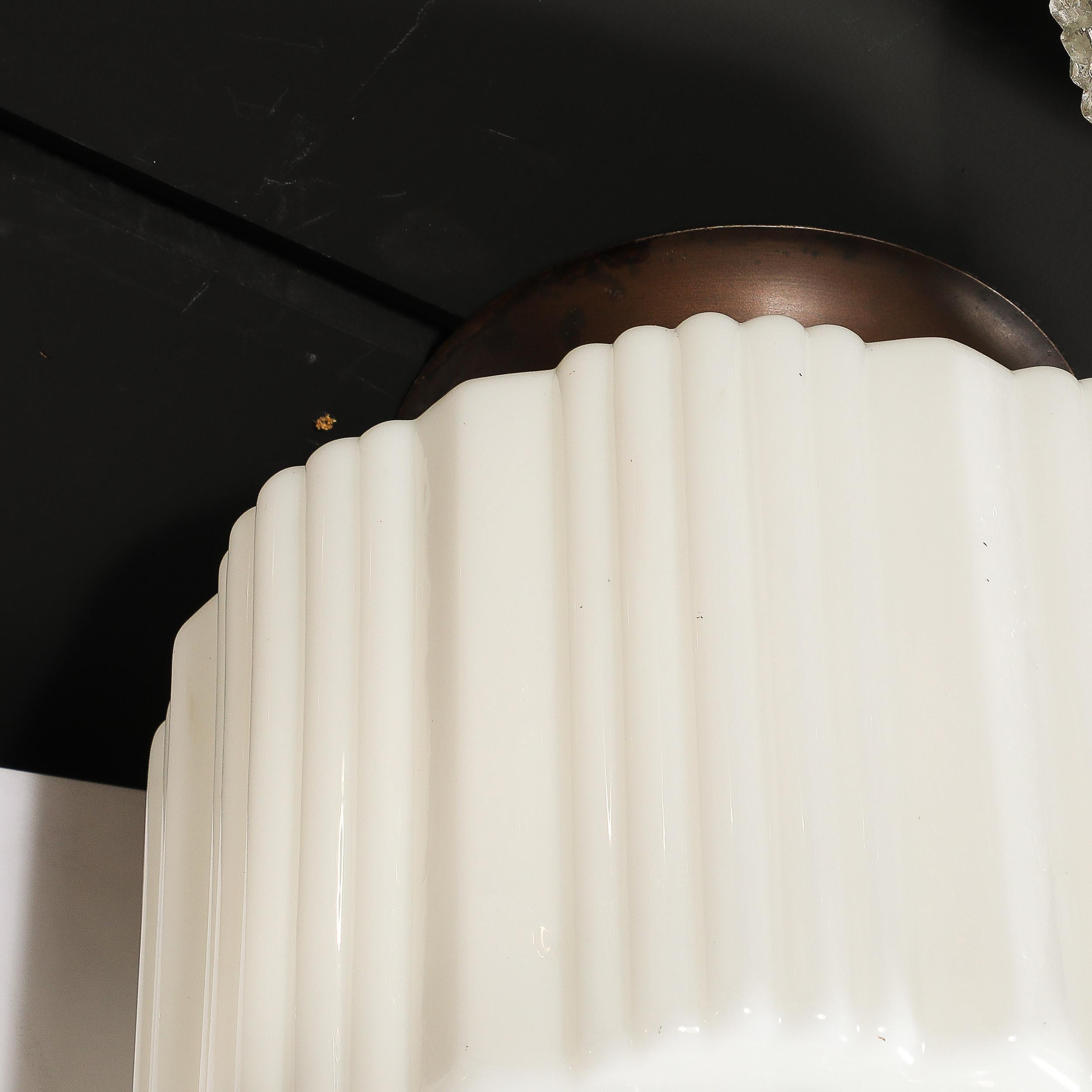 Art Deco Pendant Chandelier in Milk Glass w/ Oil Rubbed Bronze & Nickel Fittings In Excellent Condition In New York, NY